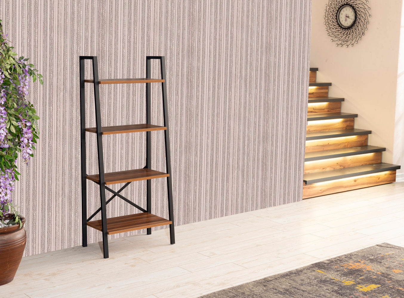 Walnut 5-Tier Solid Wood Ladder Bookshelf for Living Room