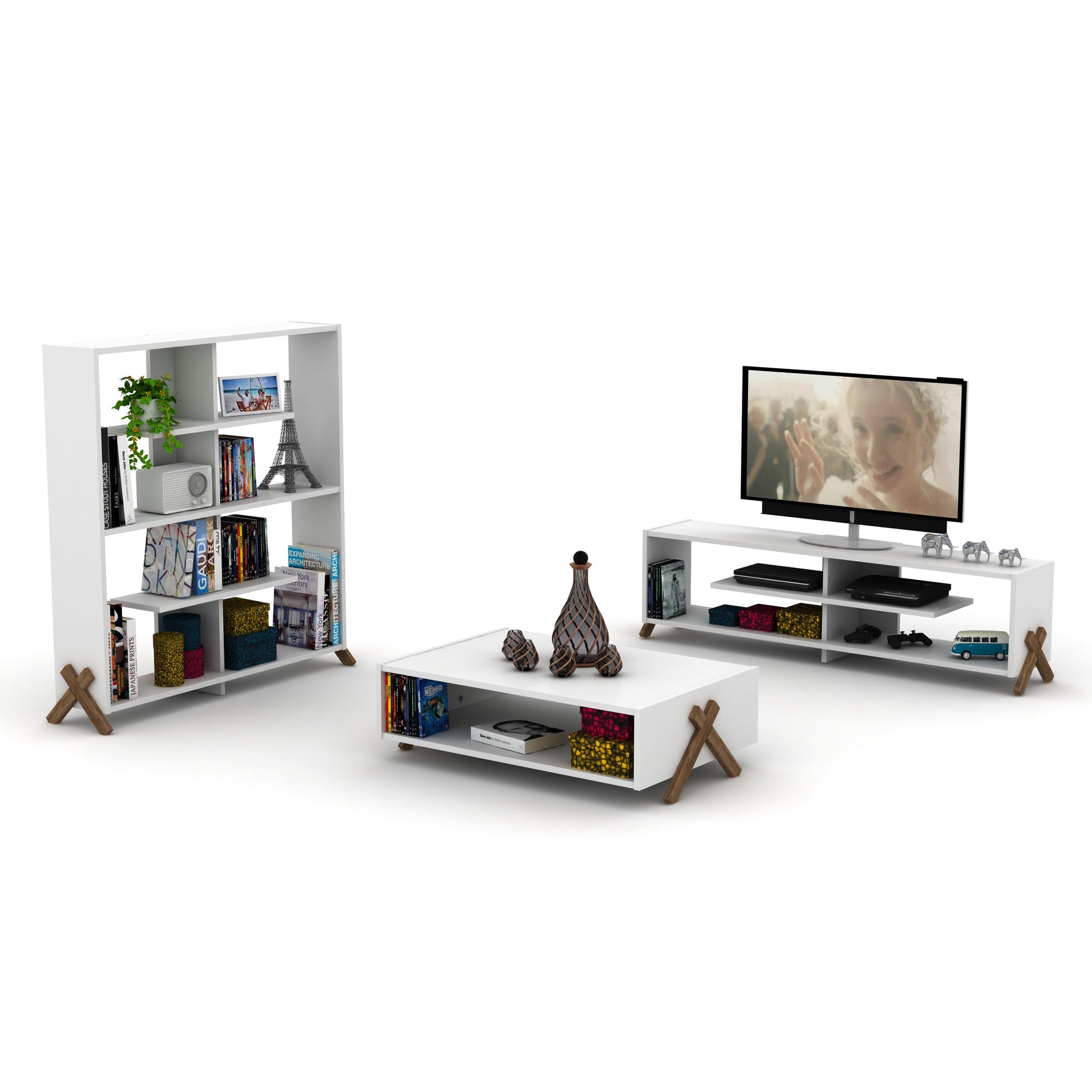 Walnut Wood Coffee Table with Shelves - 23" x 35"