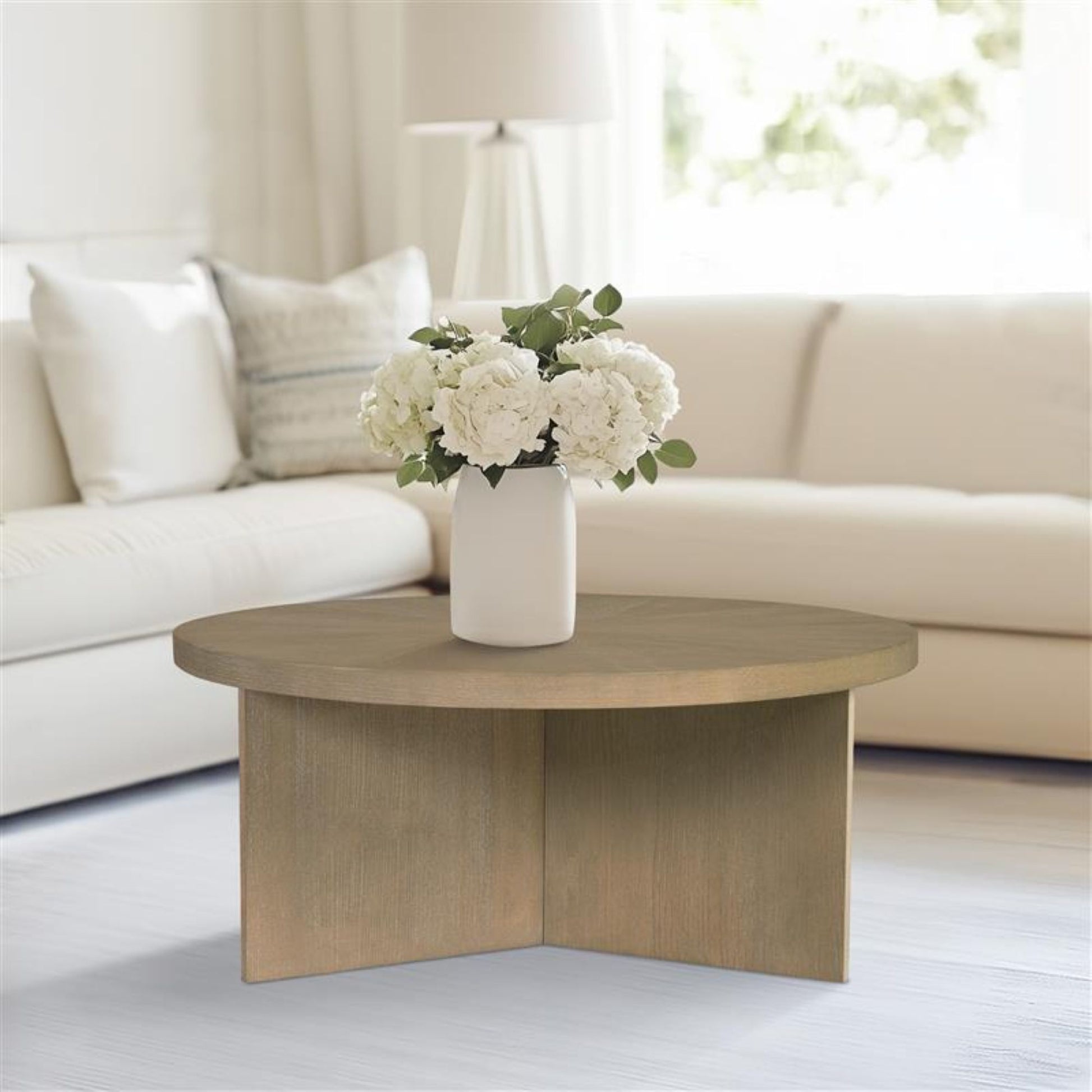 36 Round Natural MDF Coffee Table - Reclaimed Greige for Living Room