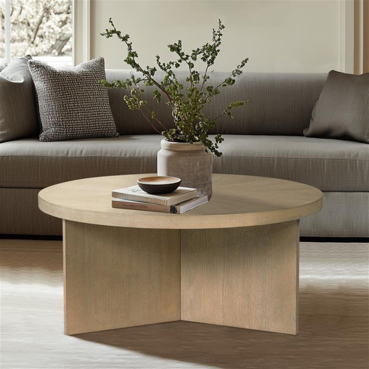 36 Round Natural MDF Coffee Table - Reclaimed Greige for Living Room