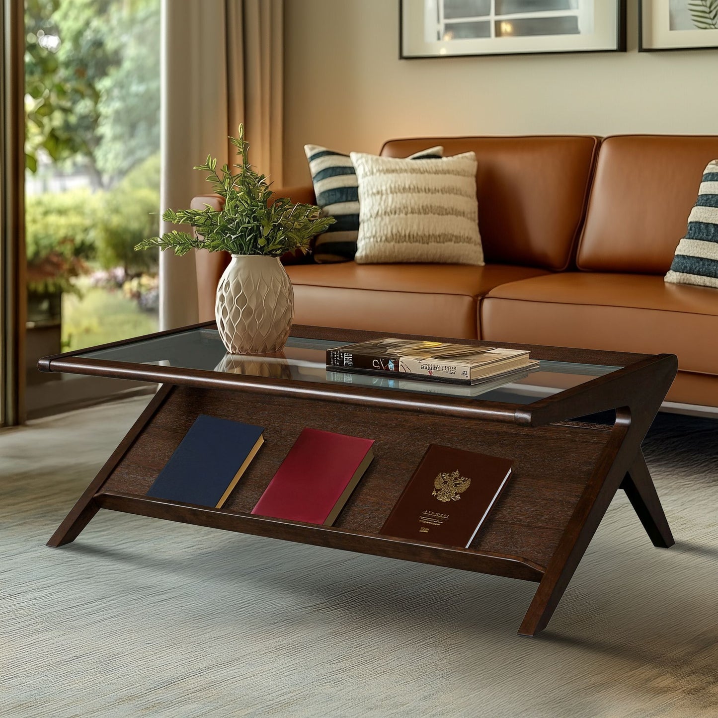 wood & tempered glass coffee table, Morocco Brown