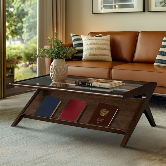 wood & tempered glass coffee table, Morocco Brown