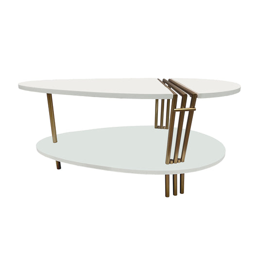 36 Inch Antique Brass White Coffee Table Oval Shape for Living Room