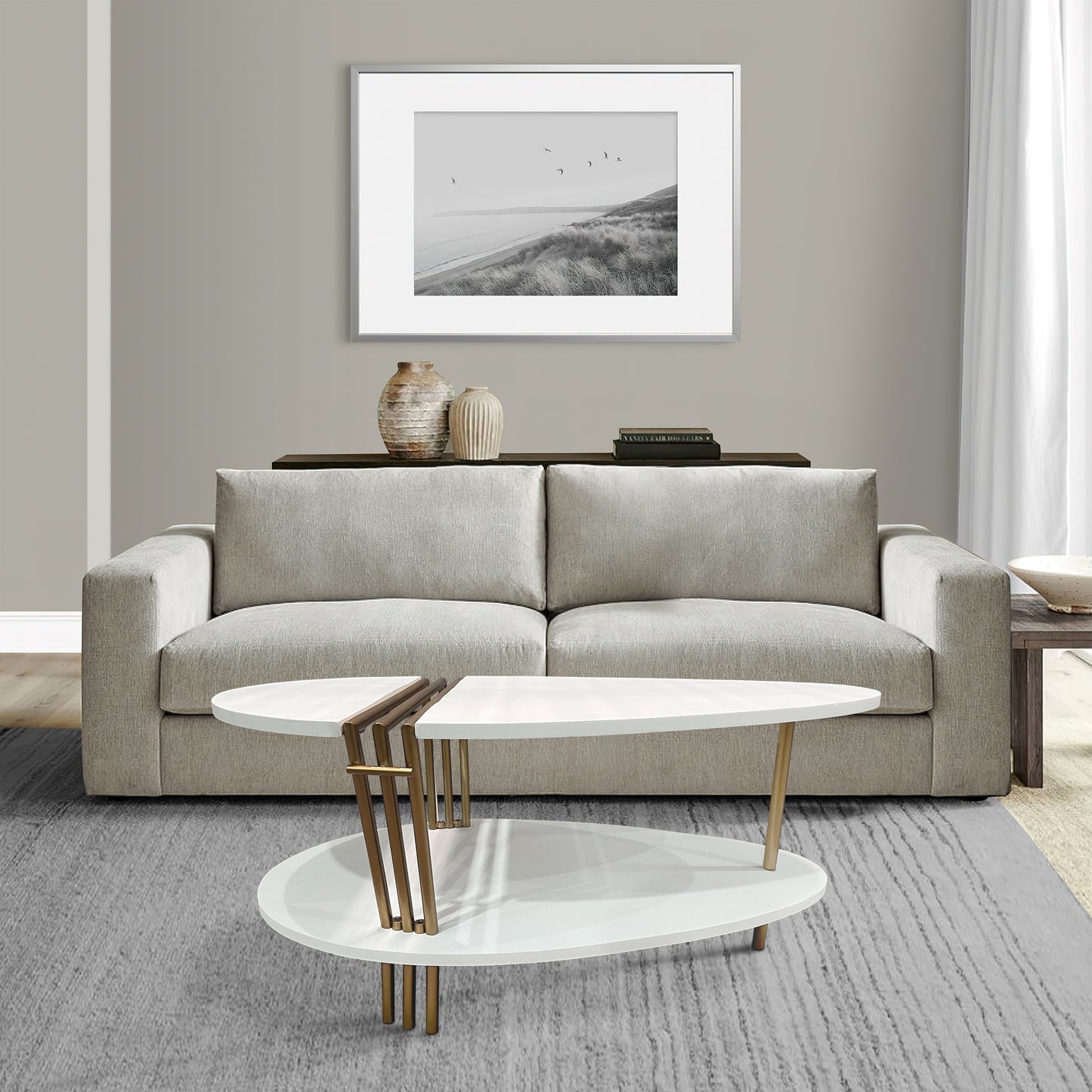 36 Inch Antique Brass White Coffee Table Oval Shape for Living Room