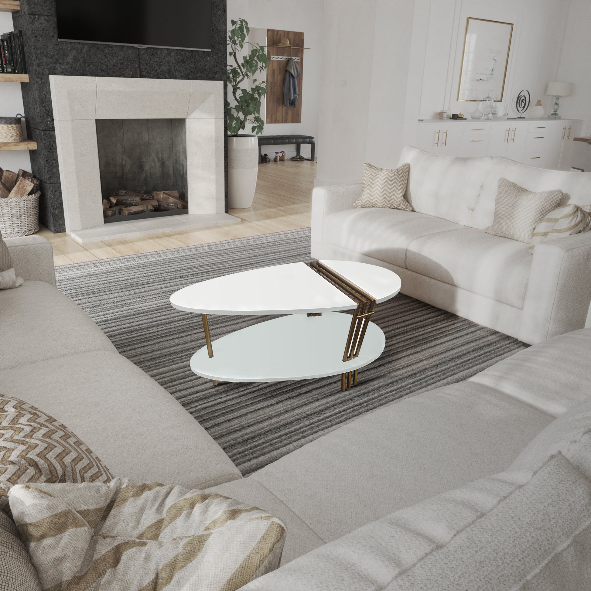 36 Inch Antique Brass White Coffee Table Oval Shape for Living Room