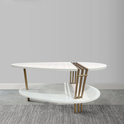 36 Inch Antique Brass White Coffee Table Oval Shape for Living Room