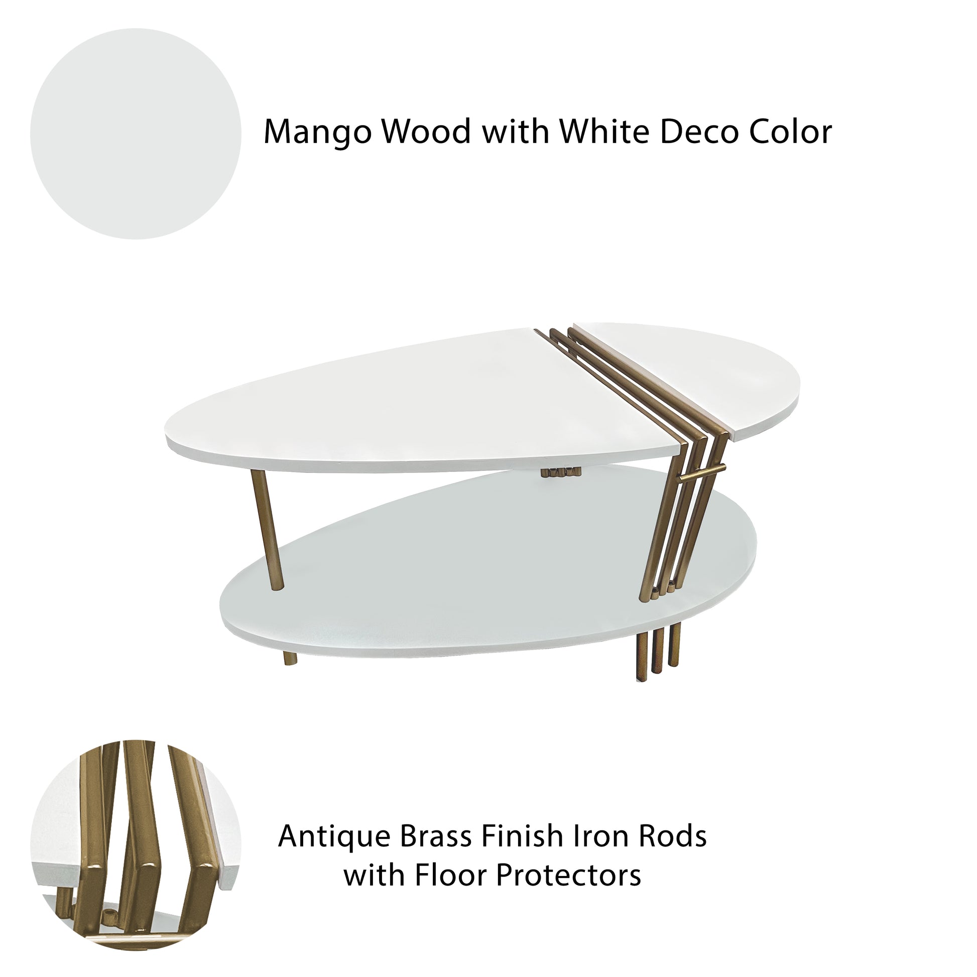 36 Inch Antique Brass White Coffee Table Oval Shape for Living Room
