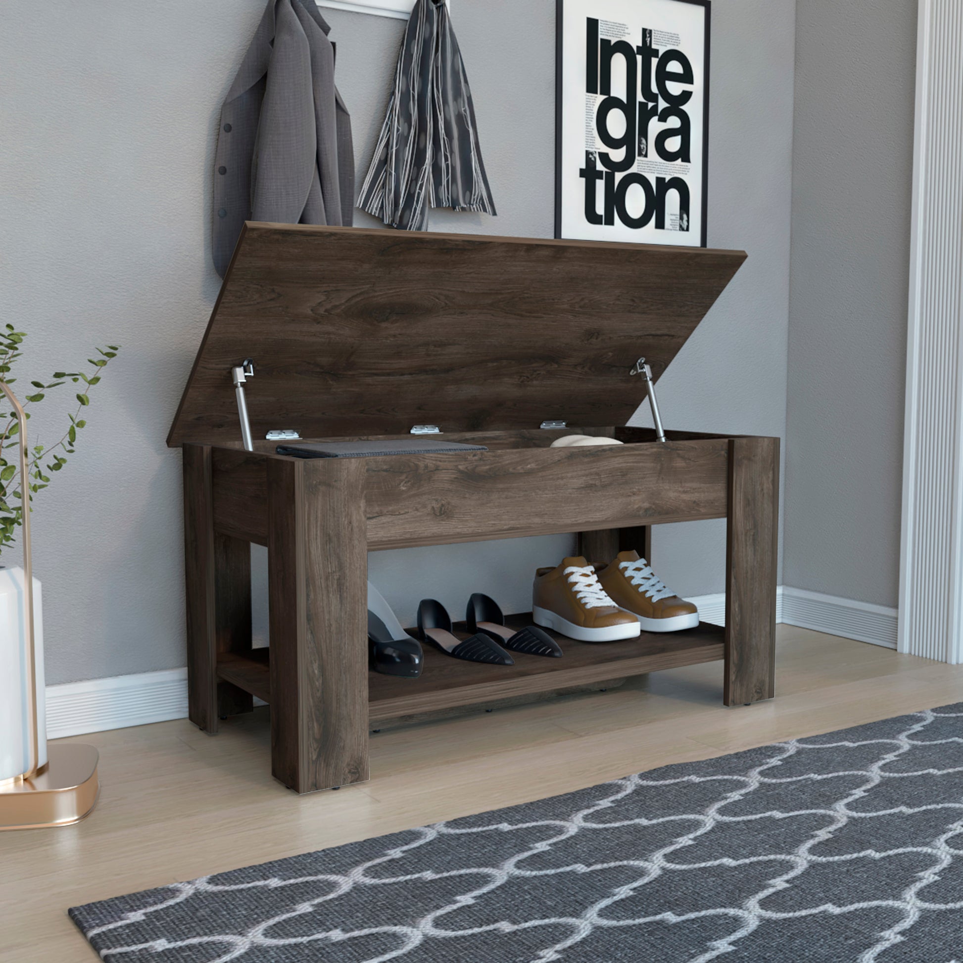 Brown Particle Board Storage Bench with Liftable Top for Living Room