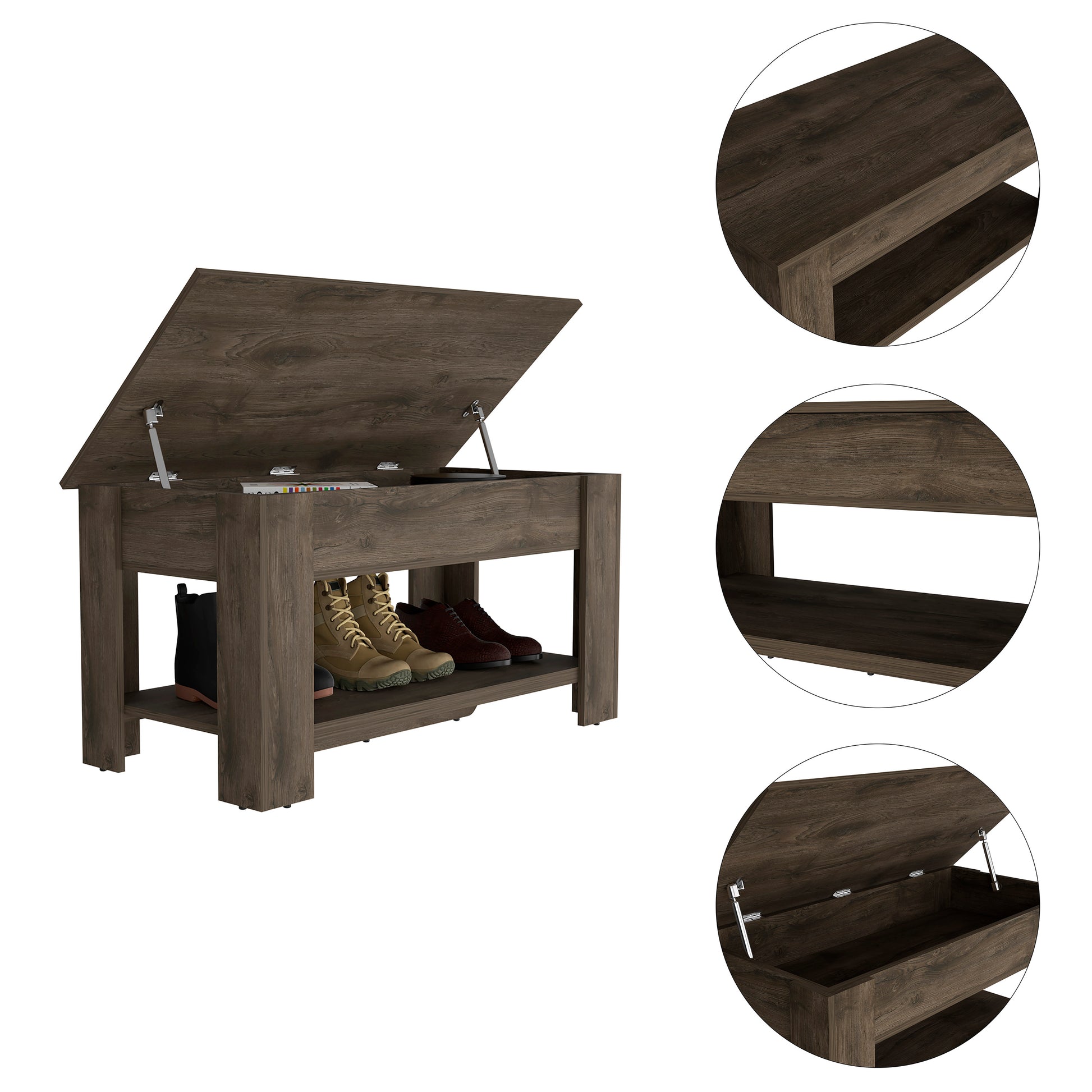 Brown Particle Board Storage Bench with Liftable Top for Living Room
