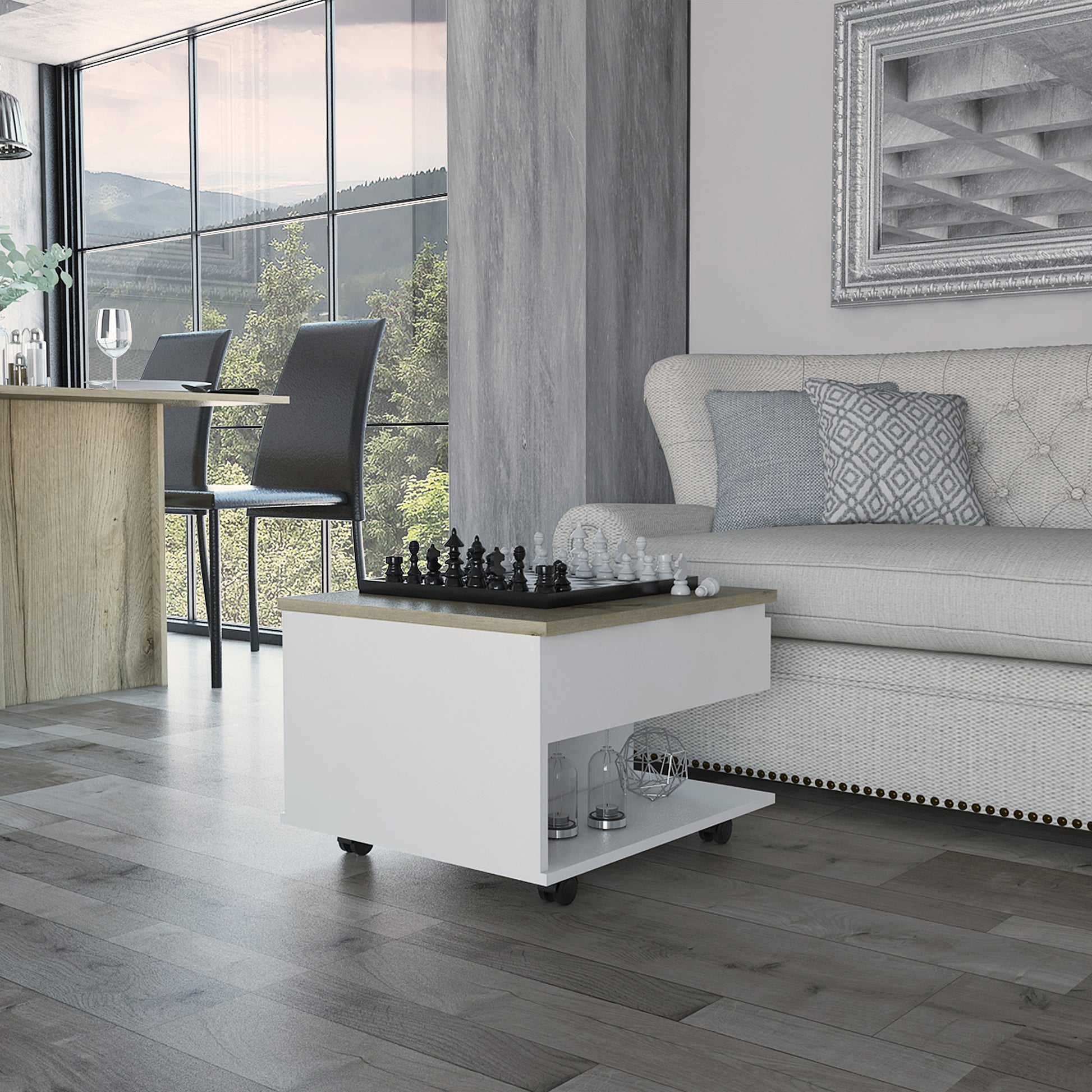 White and Light Oak 1-Drawer 1-Shelf Lift Top Coffee Table