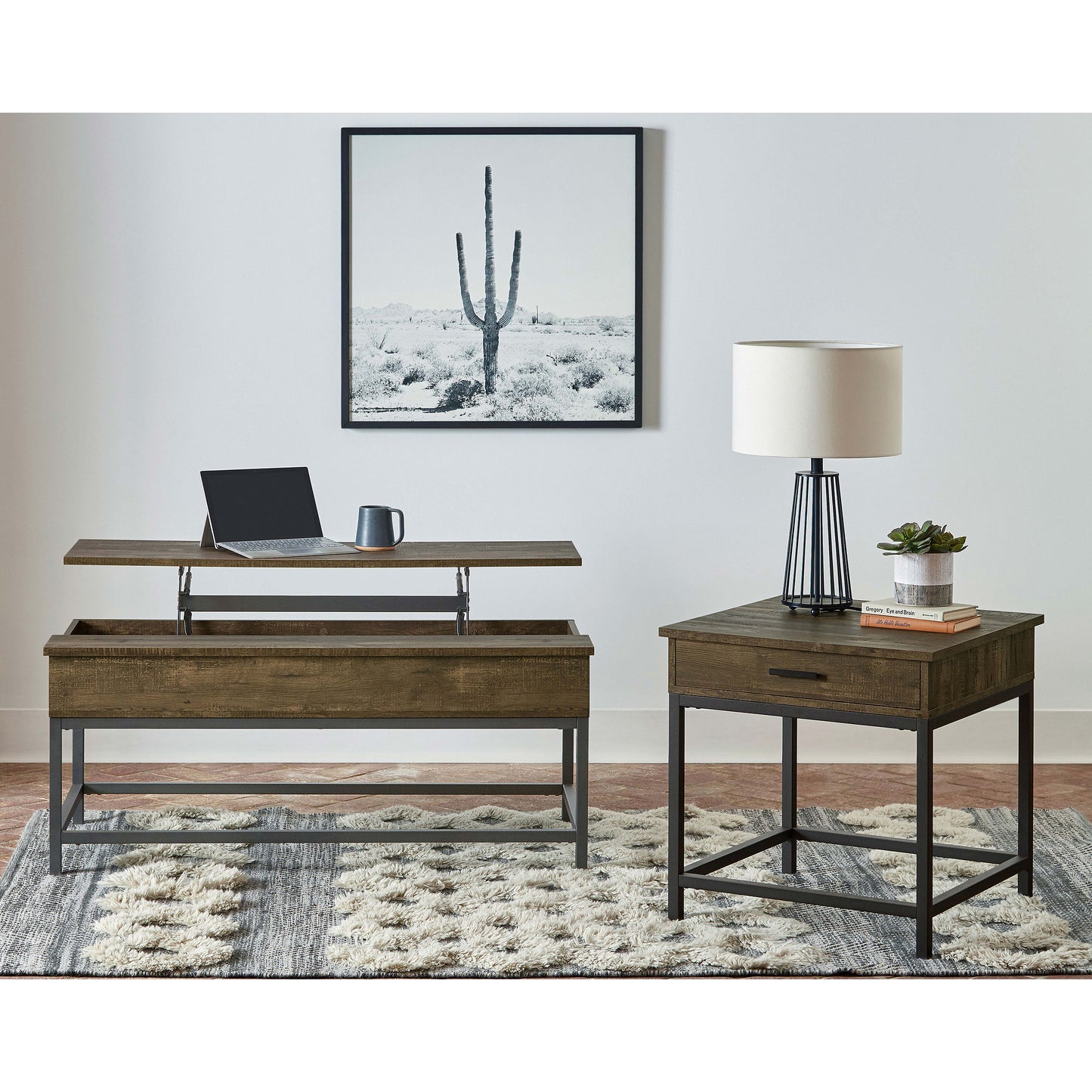 Brown Oak Lift Top Coffee Table - Adjustable Height for Living Room
