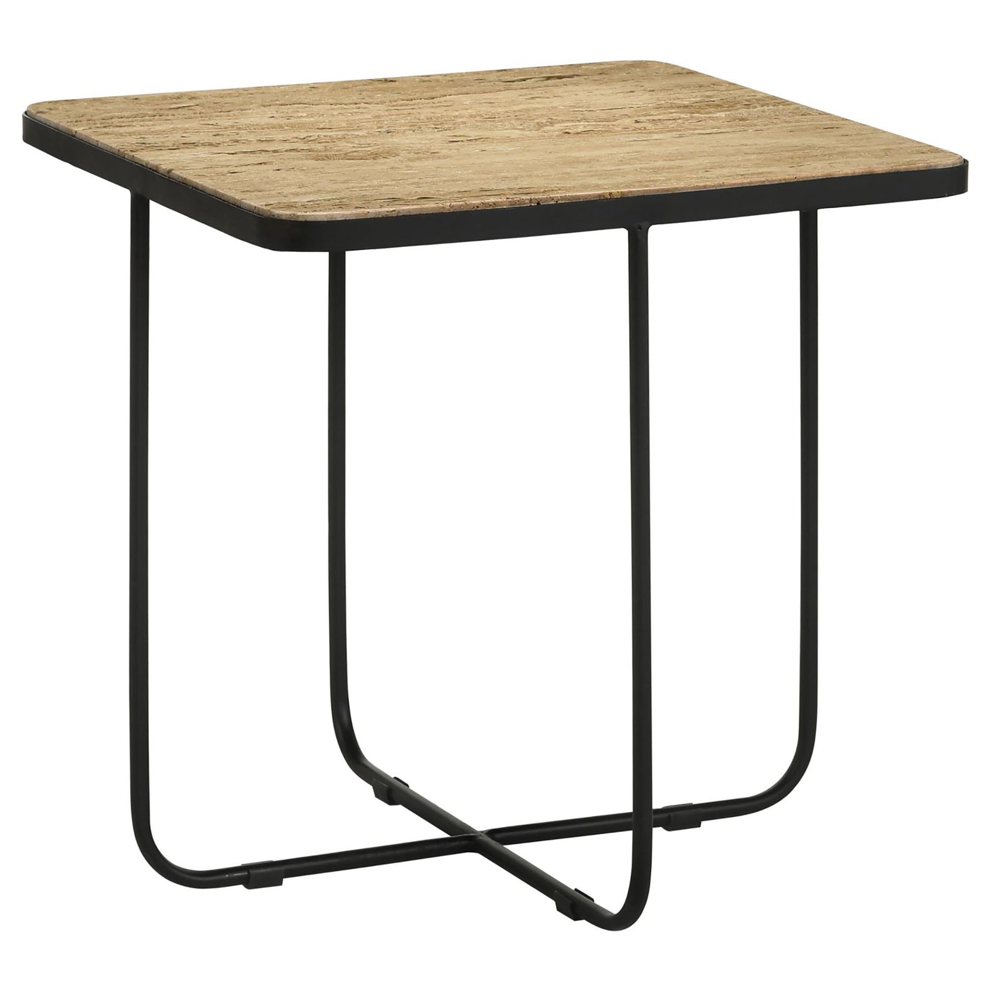 Travertine & Black Accent Table - Modern Stone Desk for Living Room