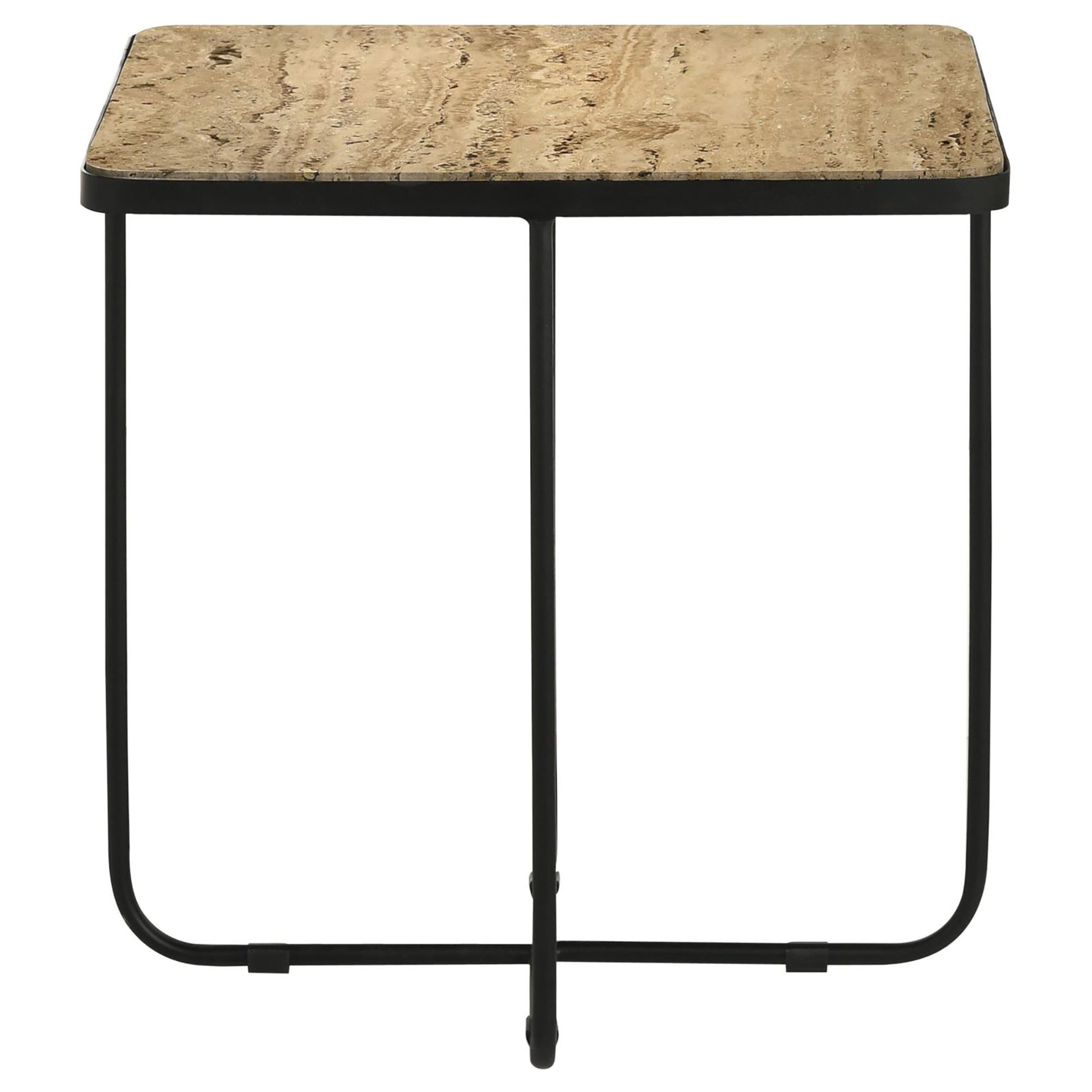 Travertine & Black Accent Table - Modern Stone Desk for Living Room