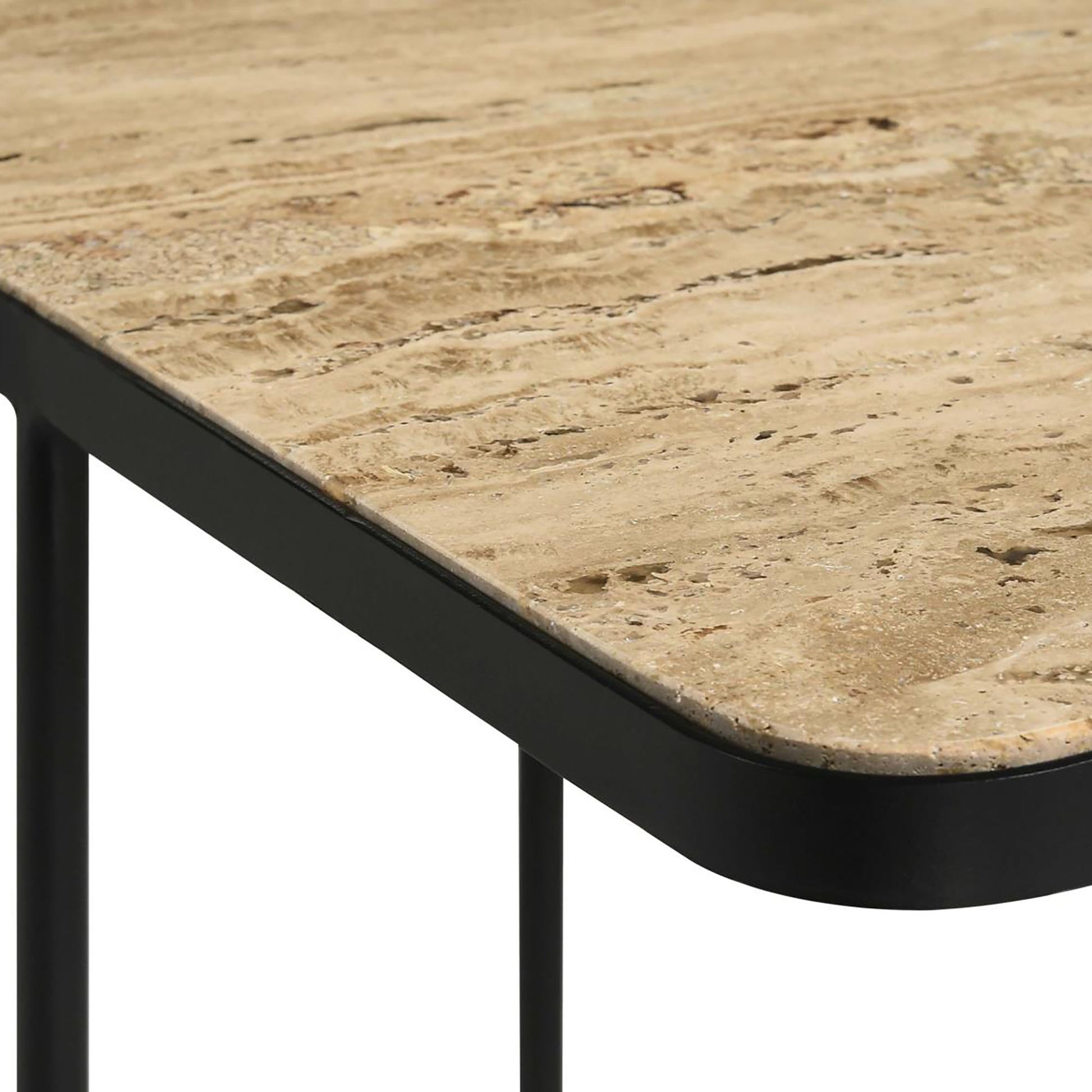 Travertine & Black Accent Table - Modern Stone Desk for Living Room