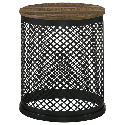 Natural & Black Drum Base Accent Table - Brown Mango Wood for Living Room