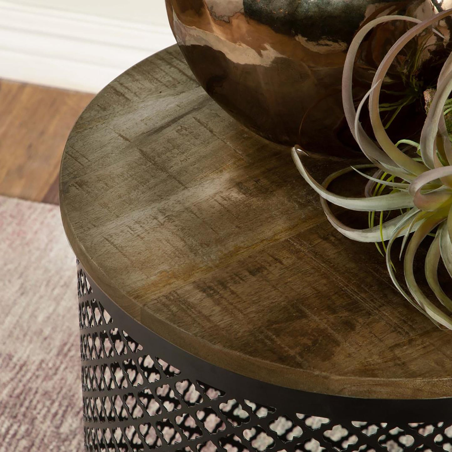 Natural & Black Drum Base Accent Table - Brown Mango Wood for Living Room