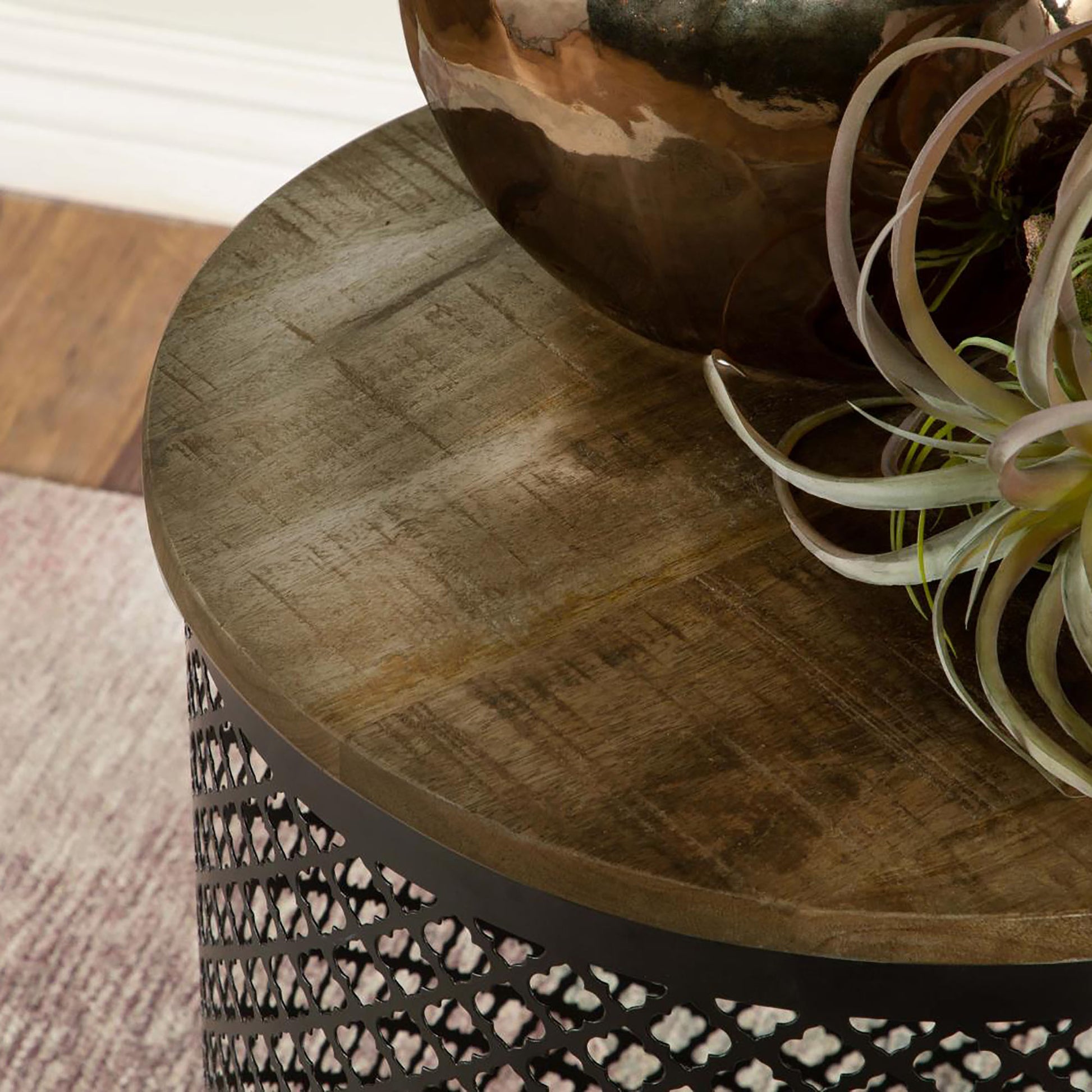 Natural & Black Drum Base Accent Table - Brown Mango Wood for Living Room