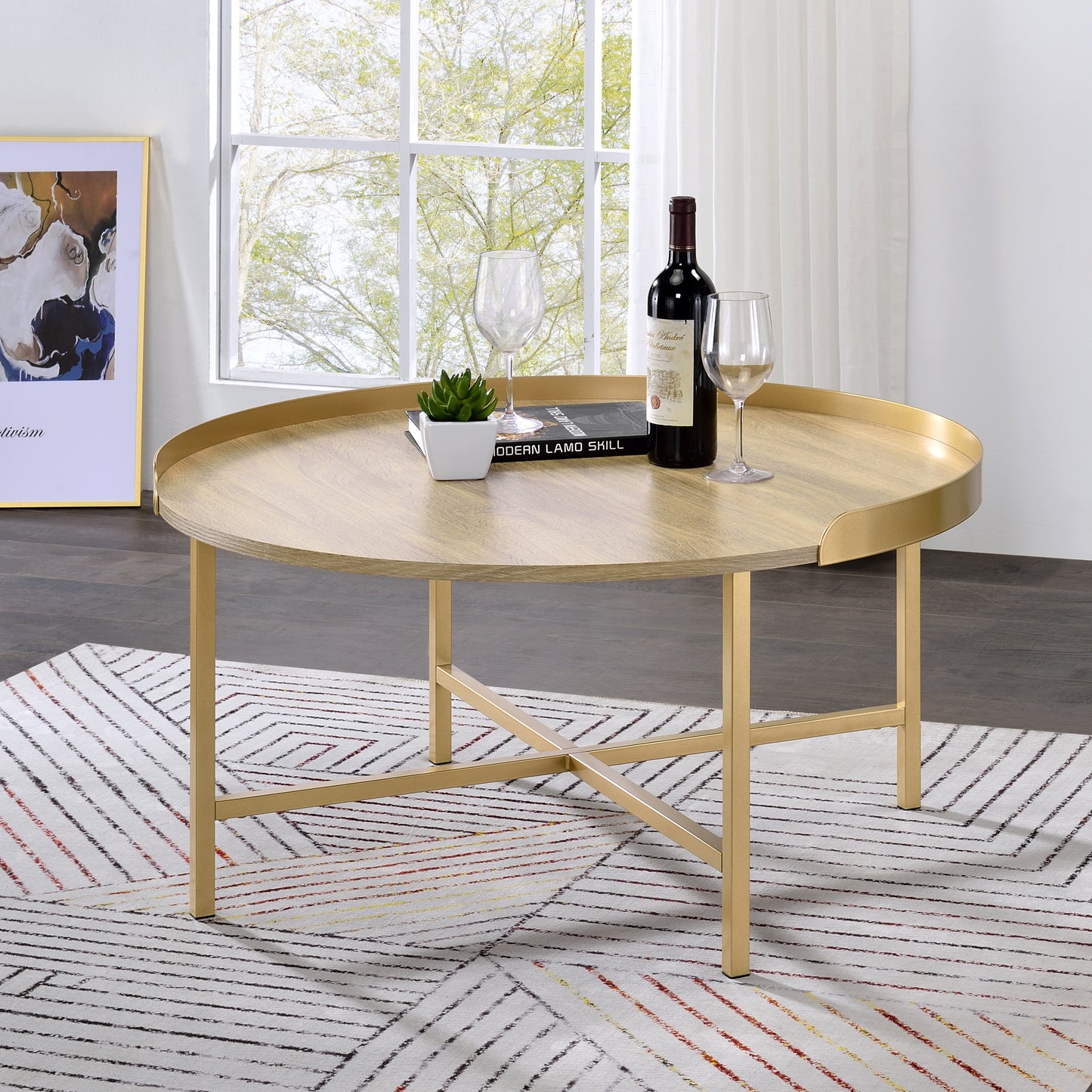 Oak and Gold Coffee Table with Tray Top