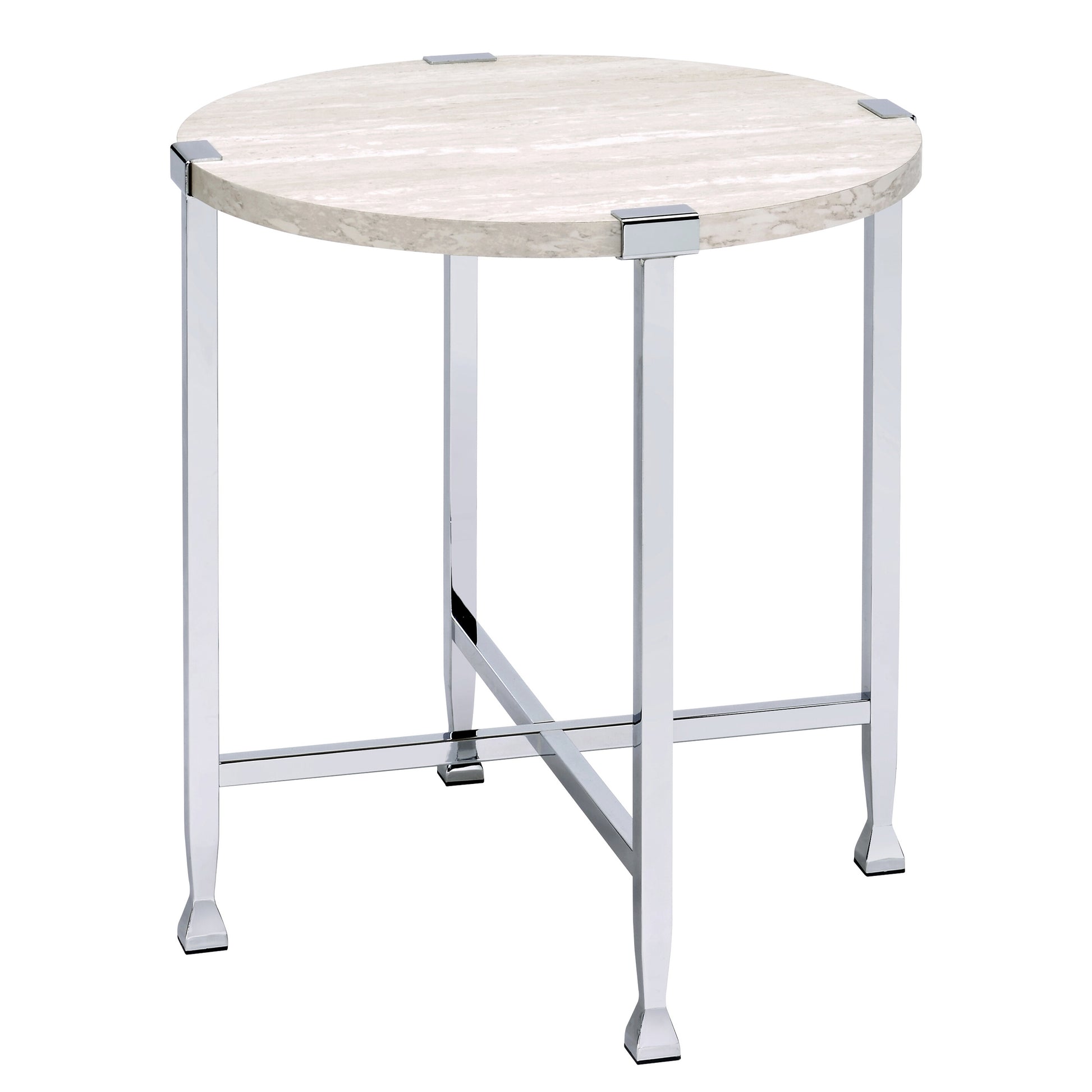 White Oak and Chrome End Table with X Shape Base