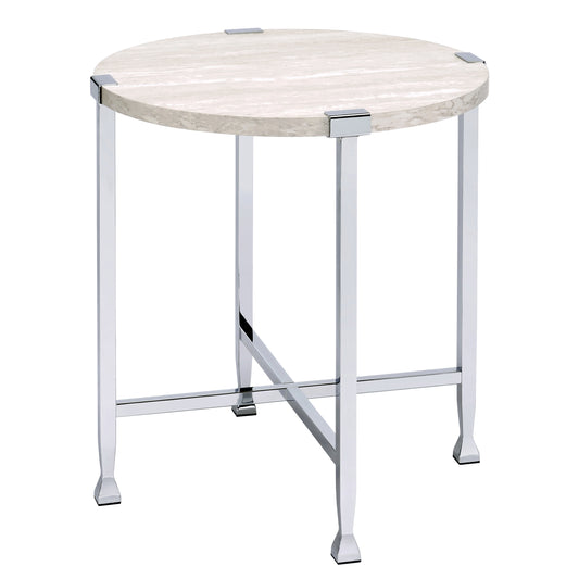 White Oak and Chrome End Table with X Shape Base