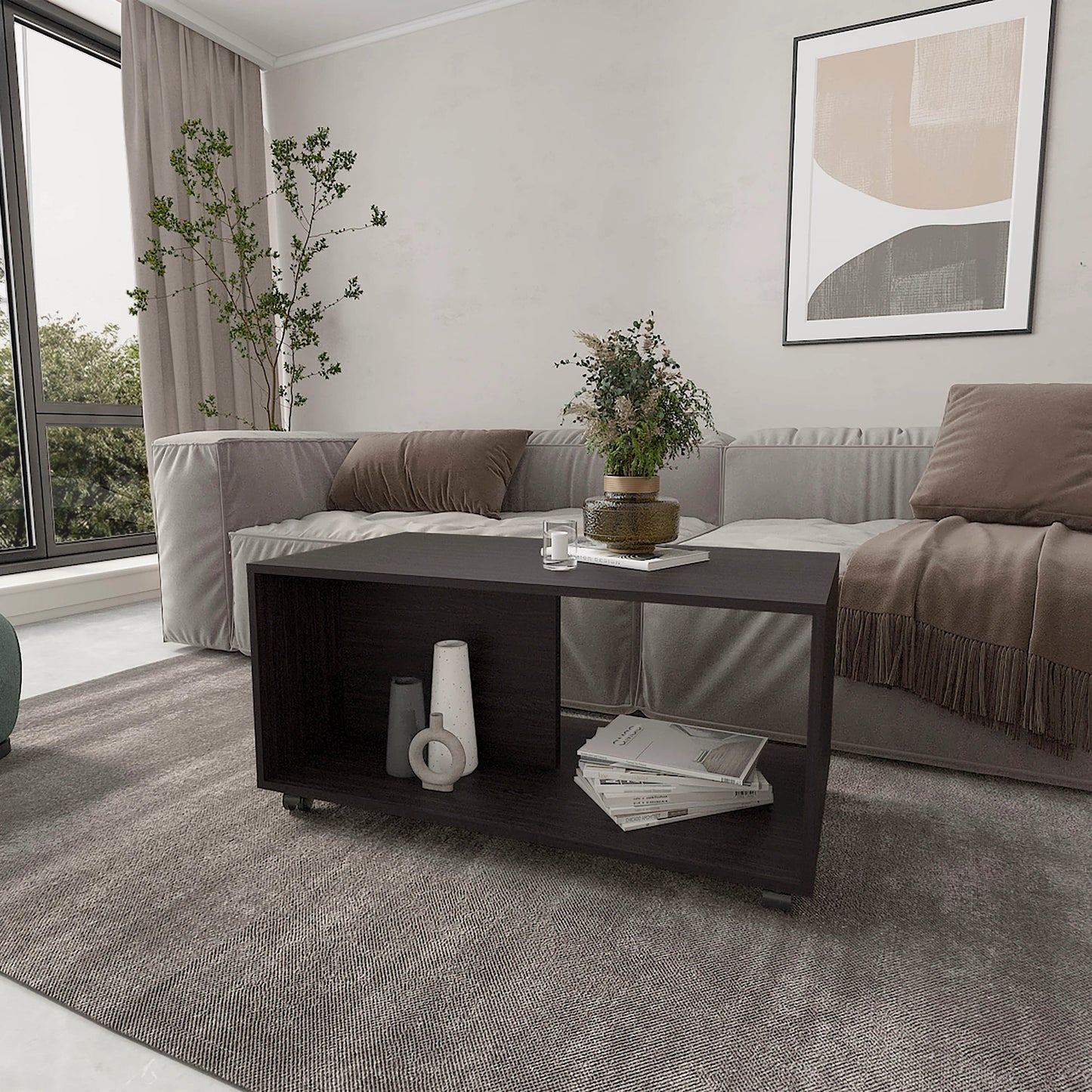 Wengue Coffee Table with Open Storage and Caster Wheels
