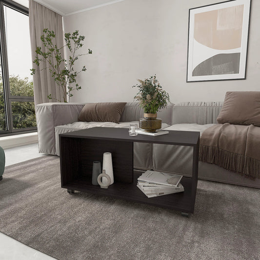 Wengue Coffee Table with Open Storage and Caster Wheels