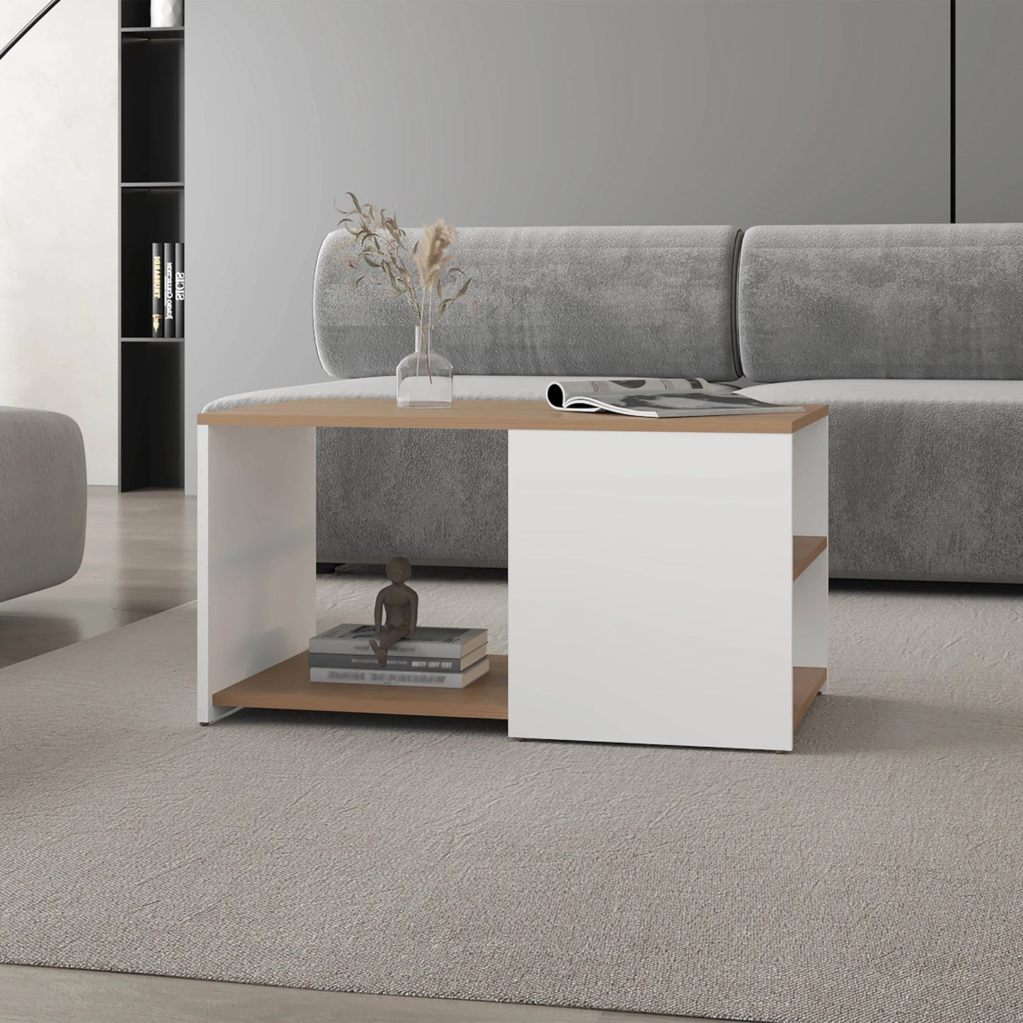 White and Natural Oak Coffee Table with Open Storage and Conical Legs