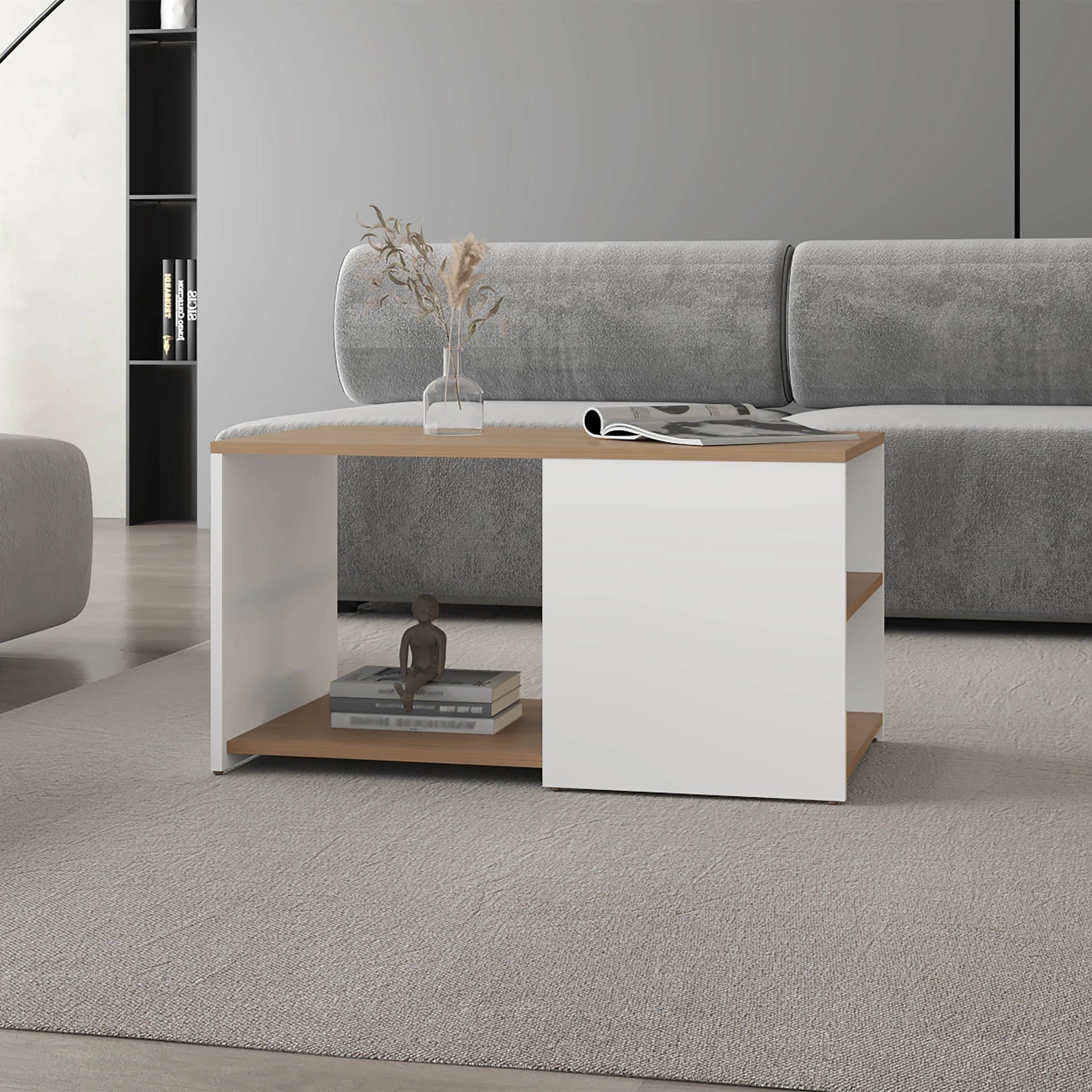 White and Natural Oak Coffee Table with Open Storage and Conical Legs