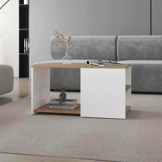 White and Natural Oak Coffee Table with Open Storage and Conical Legs