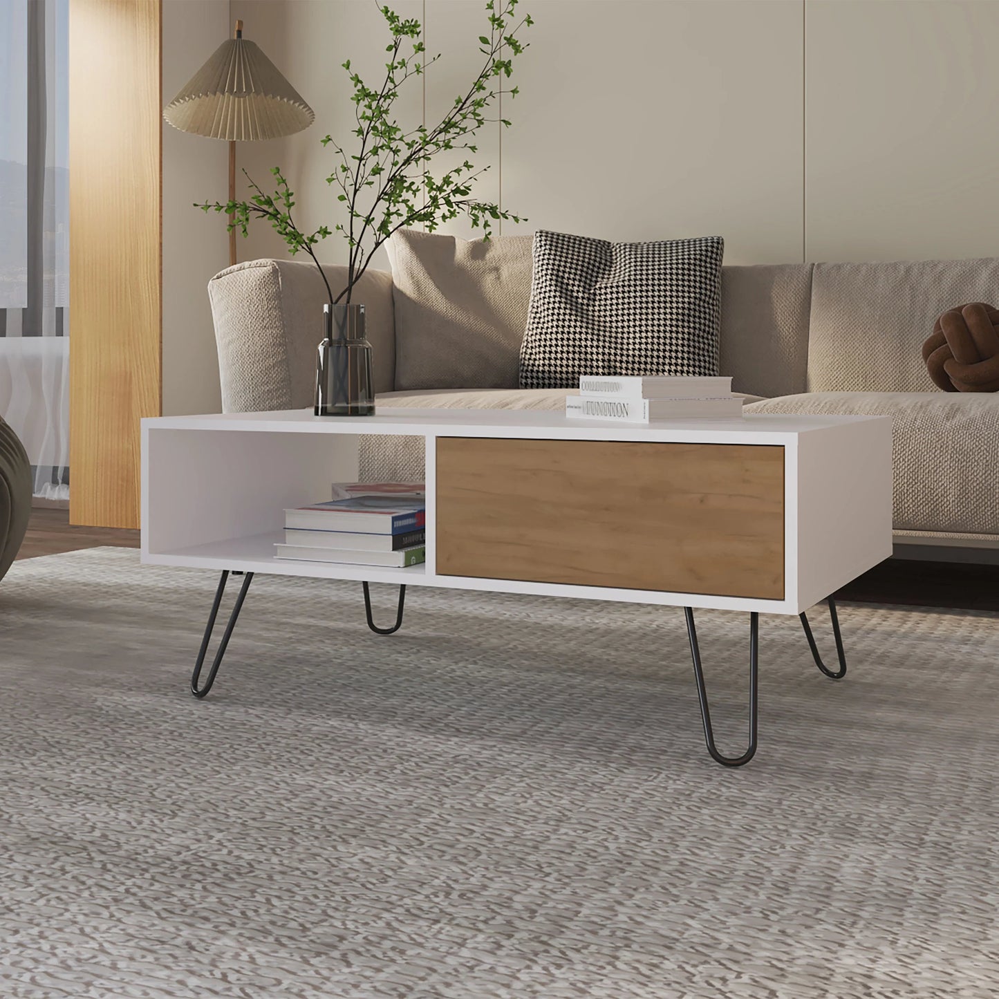 White and Natural Oak Coffee Table with 1-Drawer and Hairpin Legs