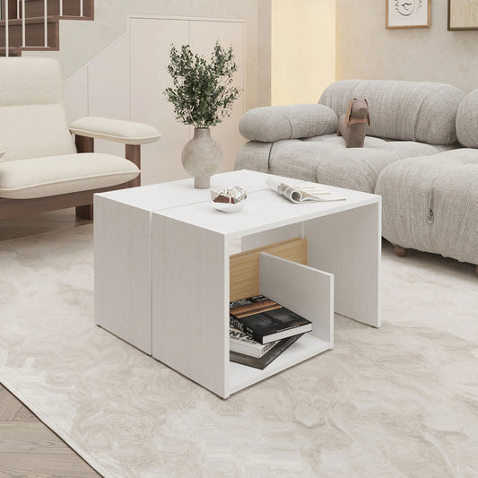 White and Light Oak Side Table in Melamine with Open Storage