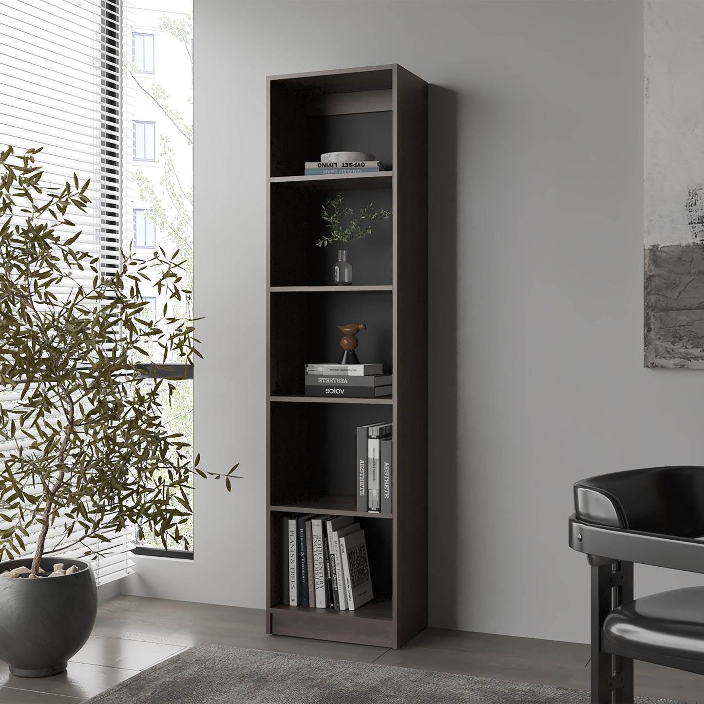 Stained Walnut Bookcase with Open Storage and 5 Shelves