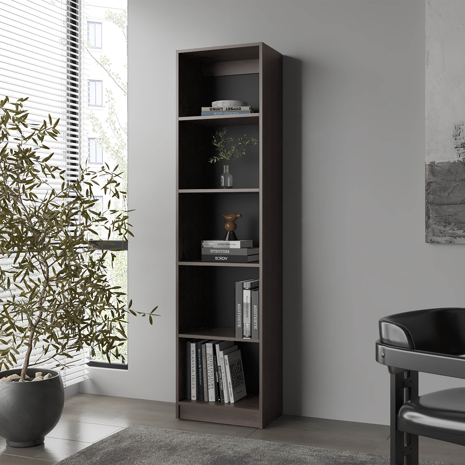 Stained Walnut Bookcase with Open Storage and 5 Shelves