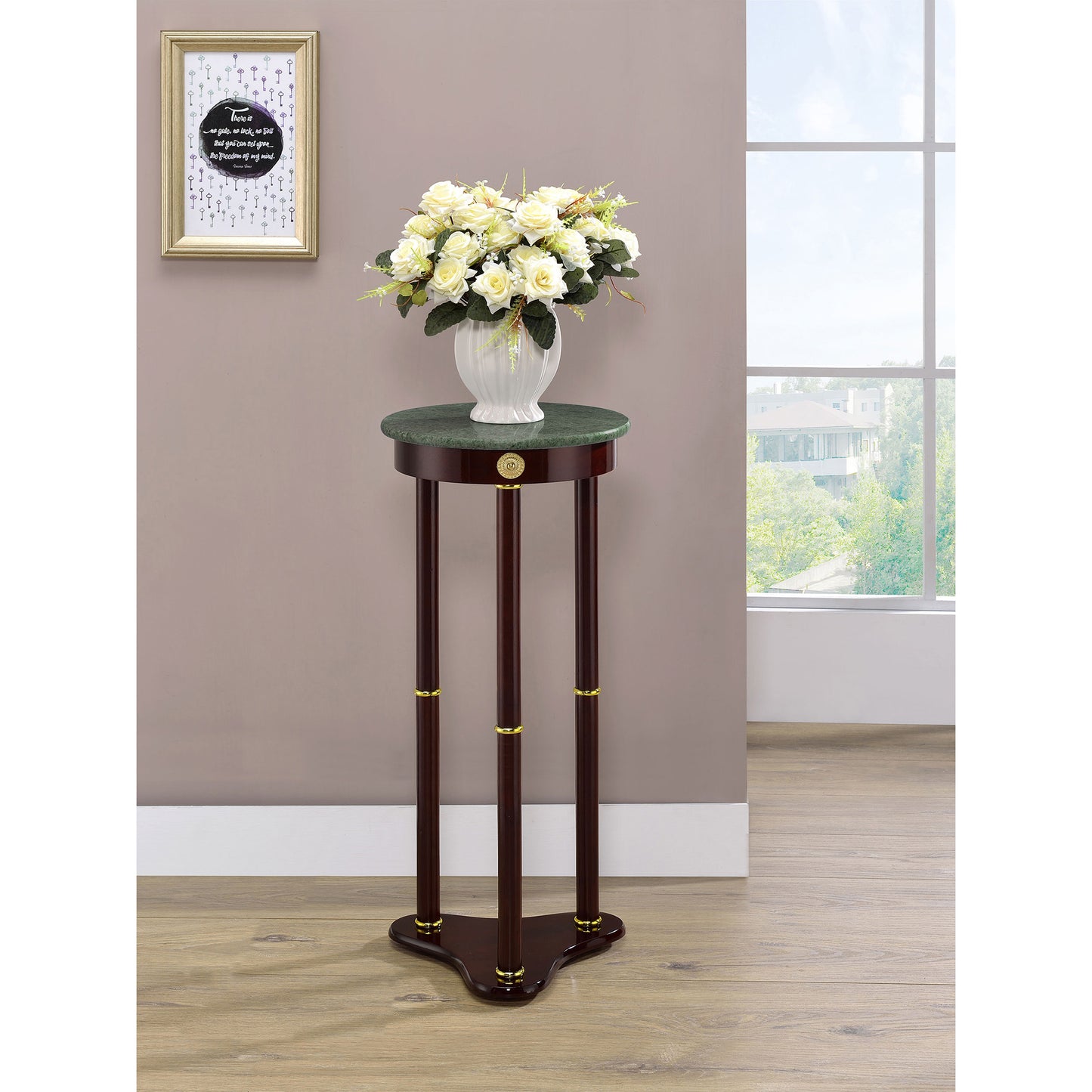 Elna Merlot and Green Accent Side Table with Round Top Plant Stand