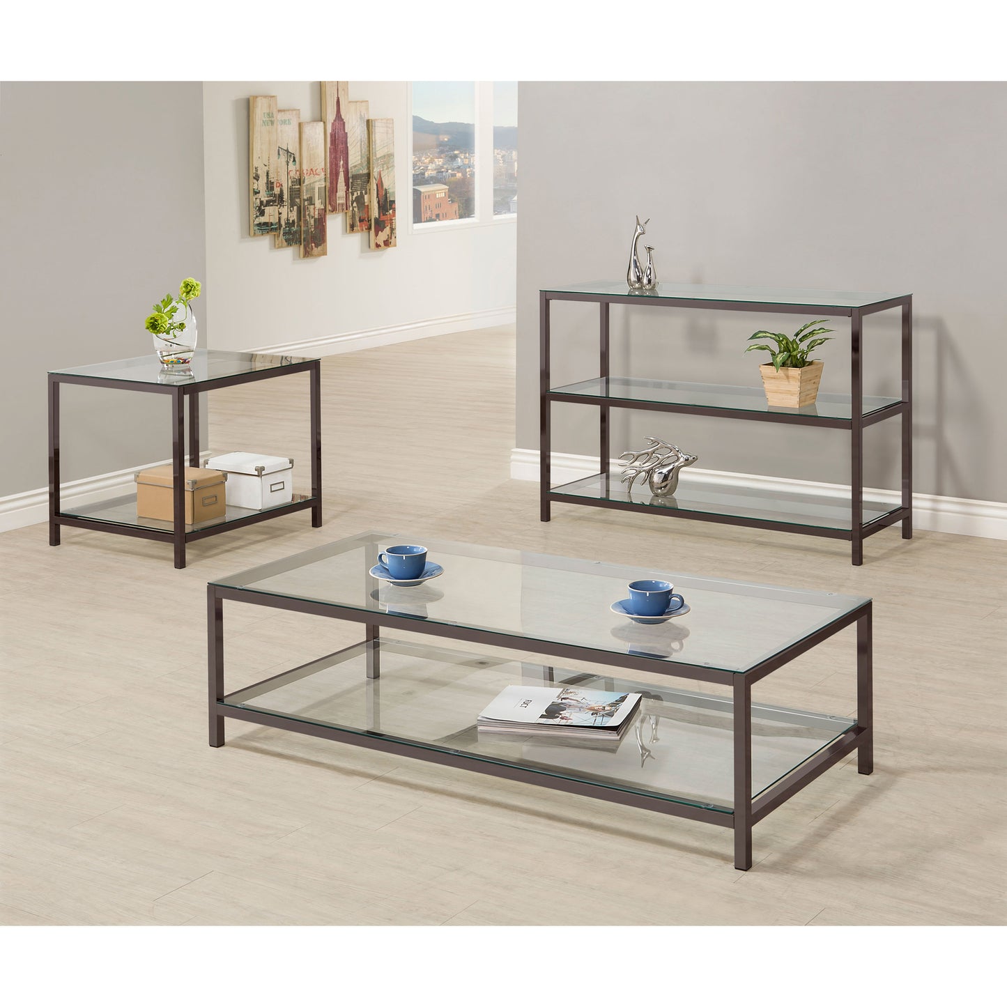 Weston Black Nickel 1-Shelf Table - Sleek Glass Top
