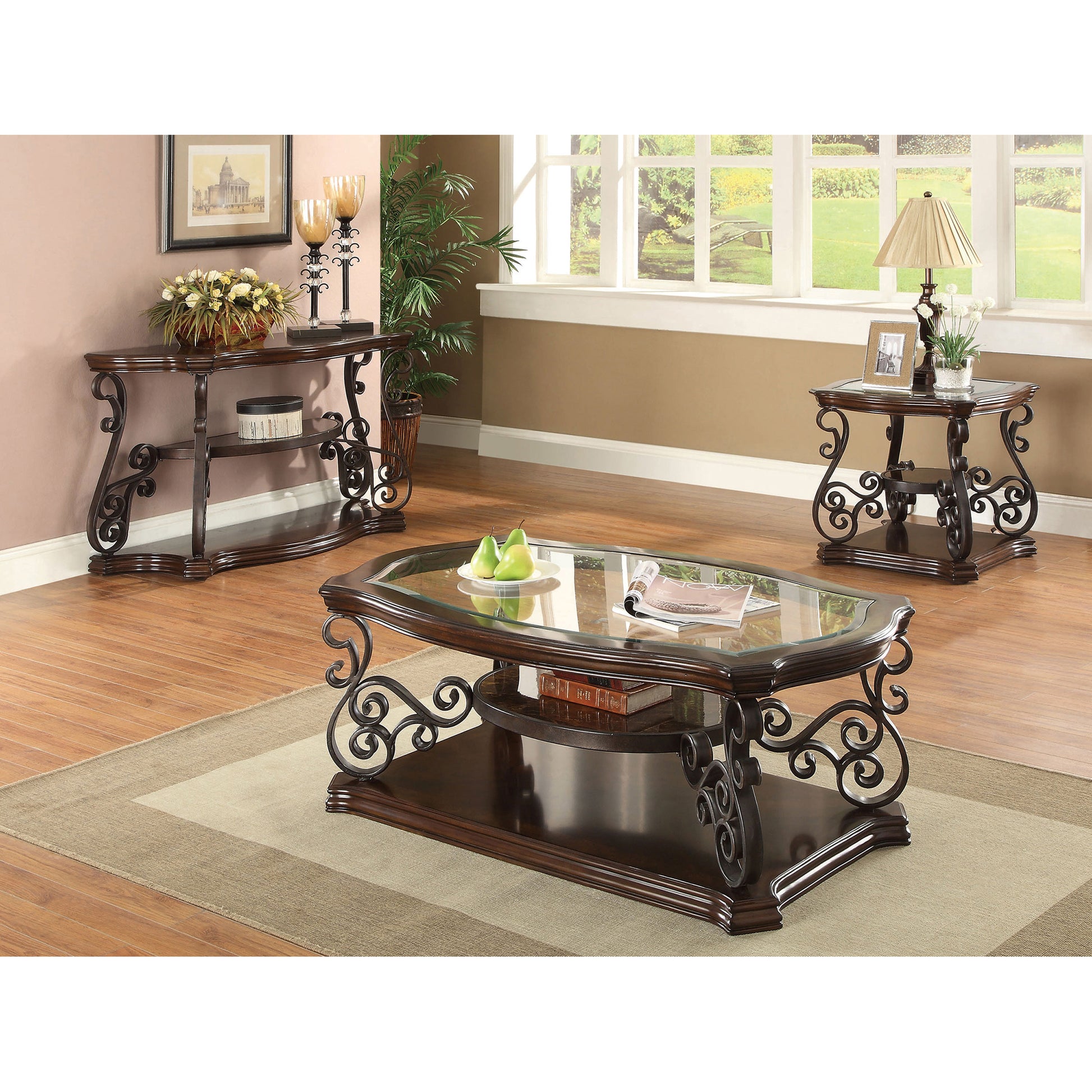 Brown Solid Wood Coffee Table with Shelves for Living Room