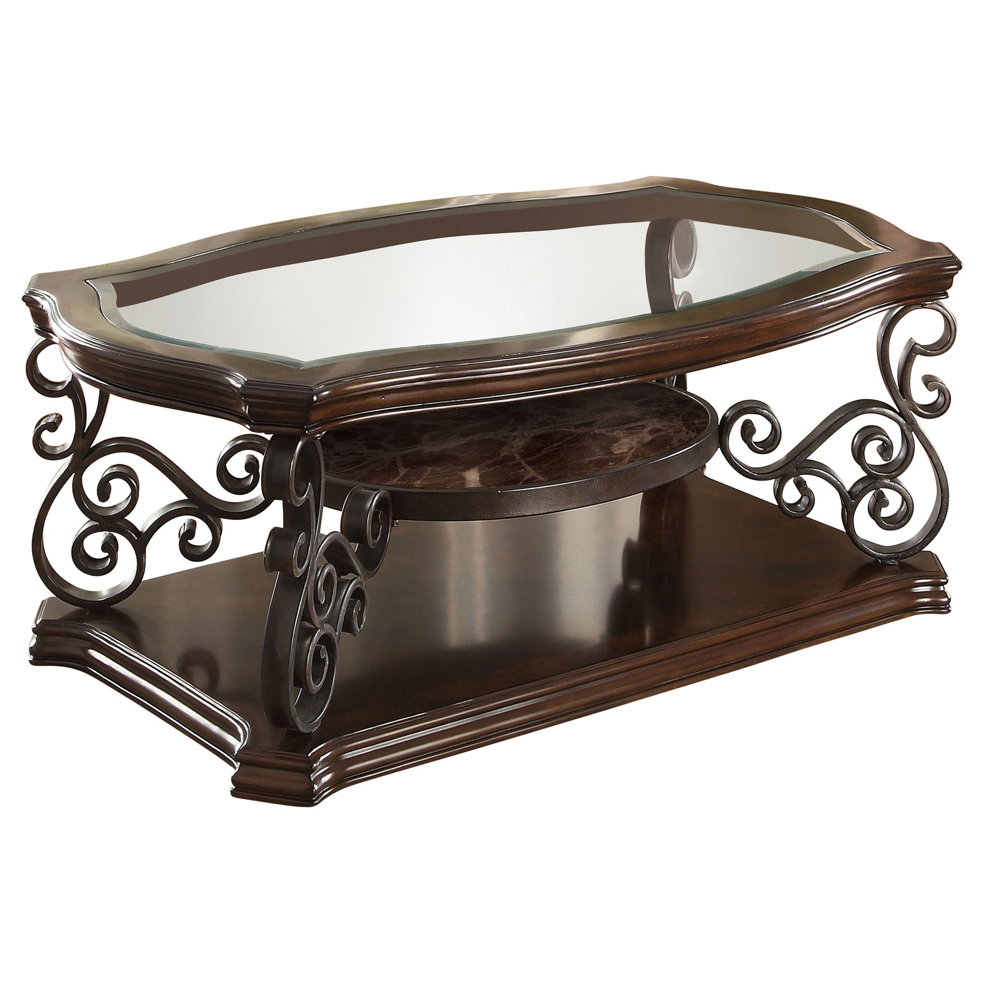 Brown Solid Wood Coffee Table with Shelves for Living Room