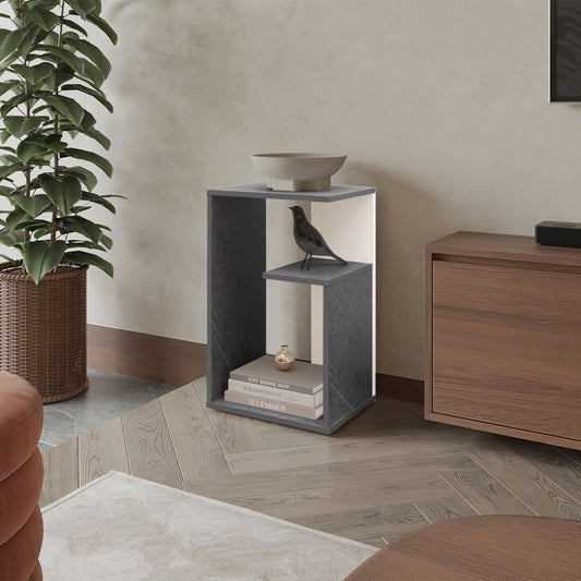Onix and White Side Table in Melamine with Open Storage