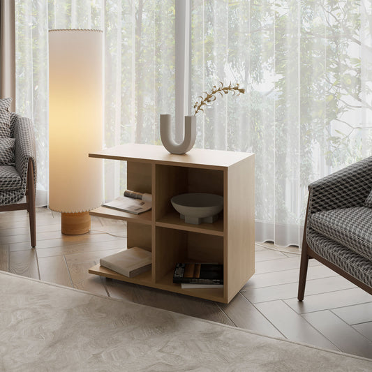 Natural Oak Side Table with Open Storage and 4 Shelves