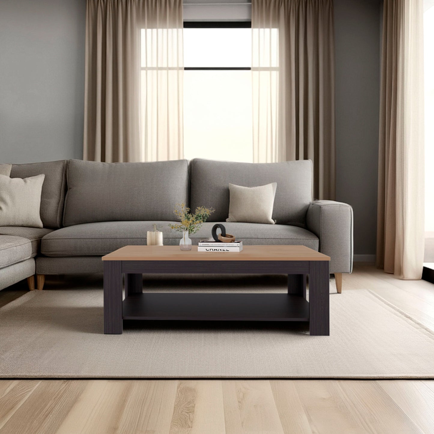 Wenge and Natural Oak Rectangular Coffee Table with Lower Shelf