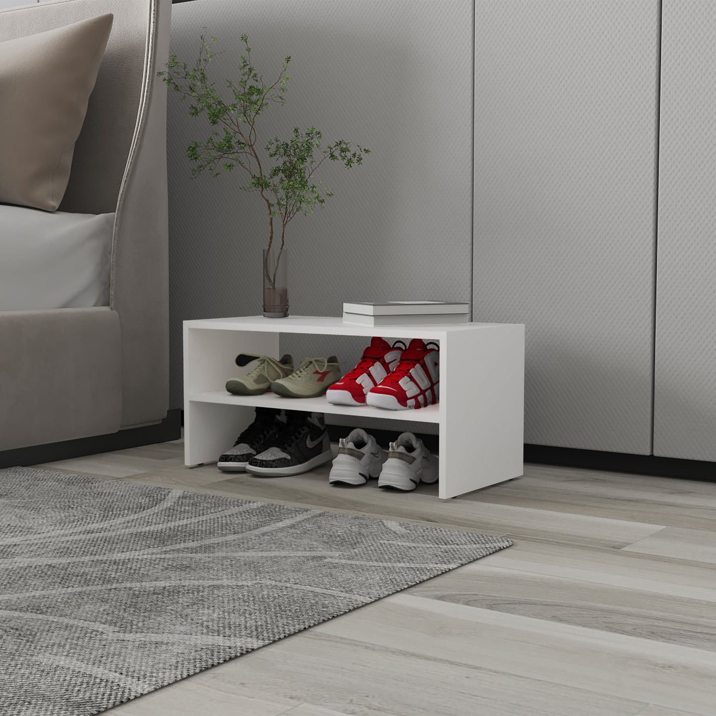White 2-Shelf Shoe Rack with Low Horizontal Design
