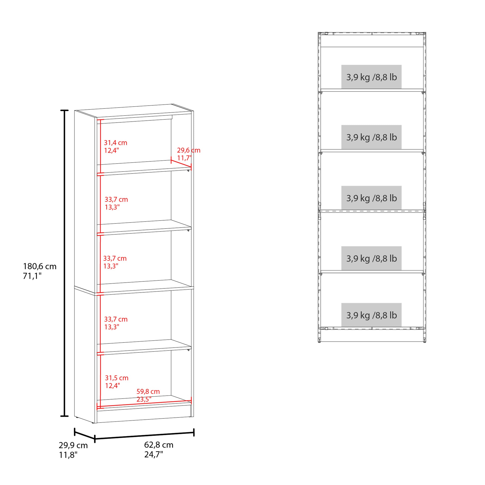 5-Shelf Beige MDF Bookcase - Primary Living Space for Living Room