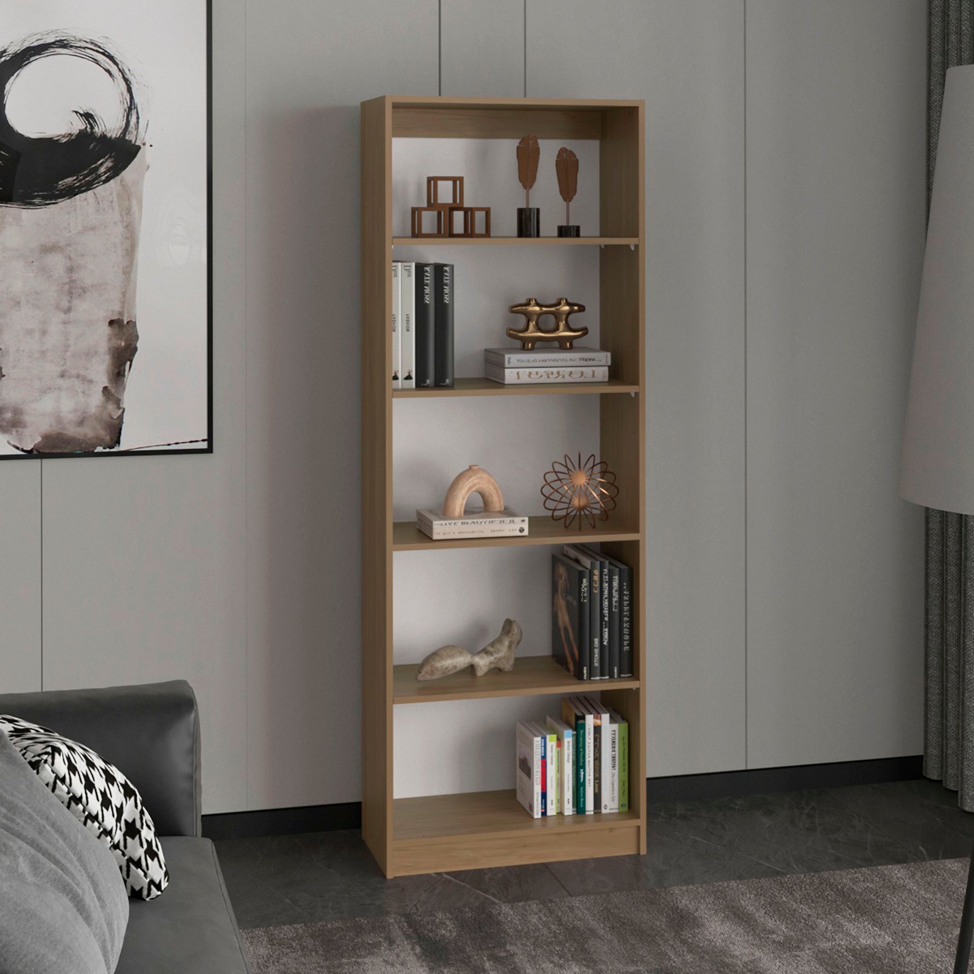 Home 4 Shelves Bookcase, Wide, With Multi-Tiered Storage, Display Shelves, Natural Oak