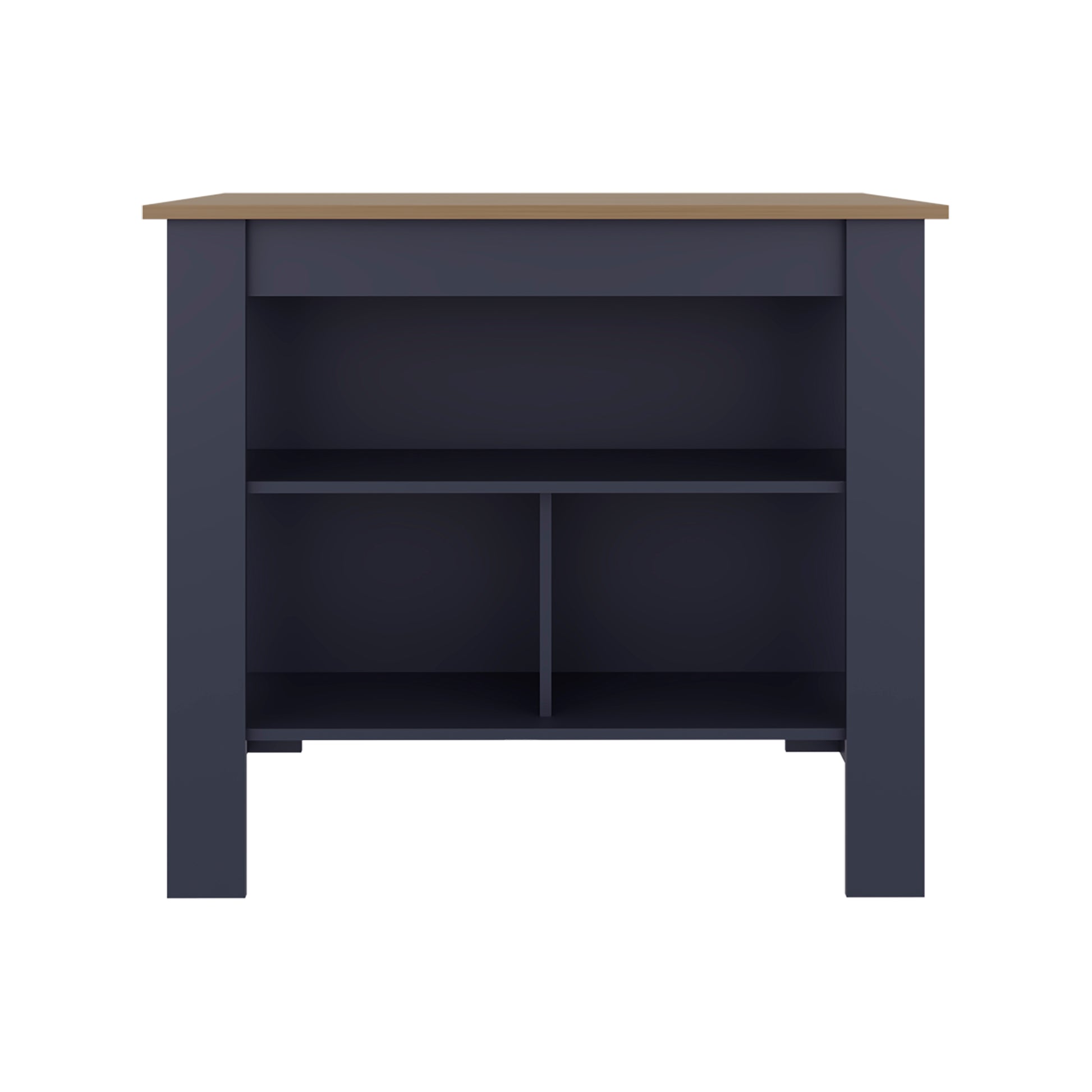 Cala Kitchen Island, Three Open Shelves, One Top Shelf, Four Legs, Modern Kitchen Decor And Organizer, Natural Oak, Blue