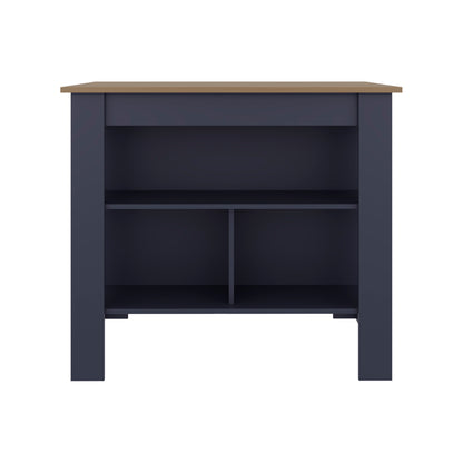 Cala Kitchen Island, Three Open Shelves, One Top Shelf, Four Legs, Modern Kitchen Decor And Organizer, Natural Oak, Blue