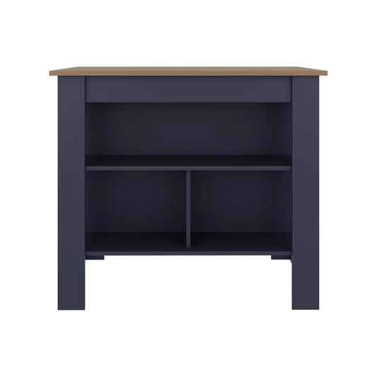 Cala Kitchen Island, Three Open Shelves, One Top Shelf, Four Legs, Modern Kitchen Decor And Organizer, Natural Oak, Blue