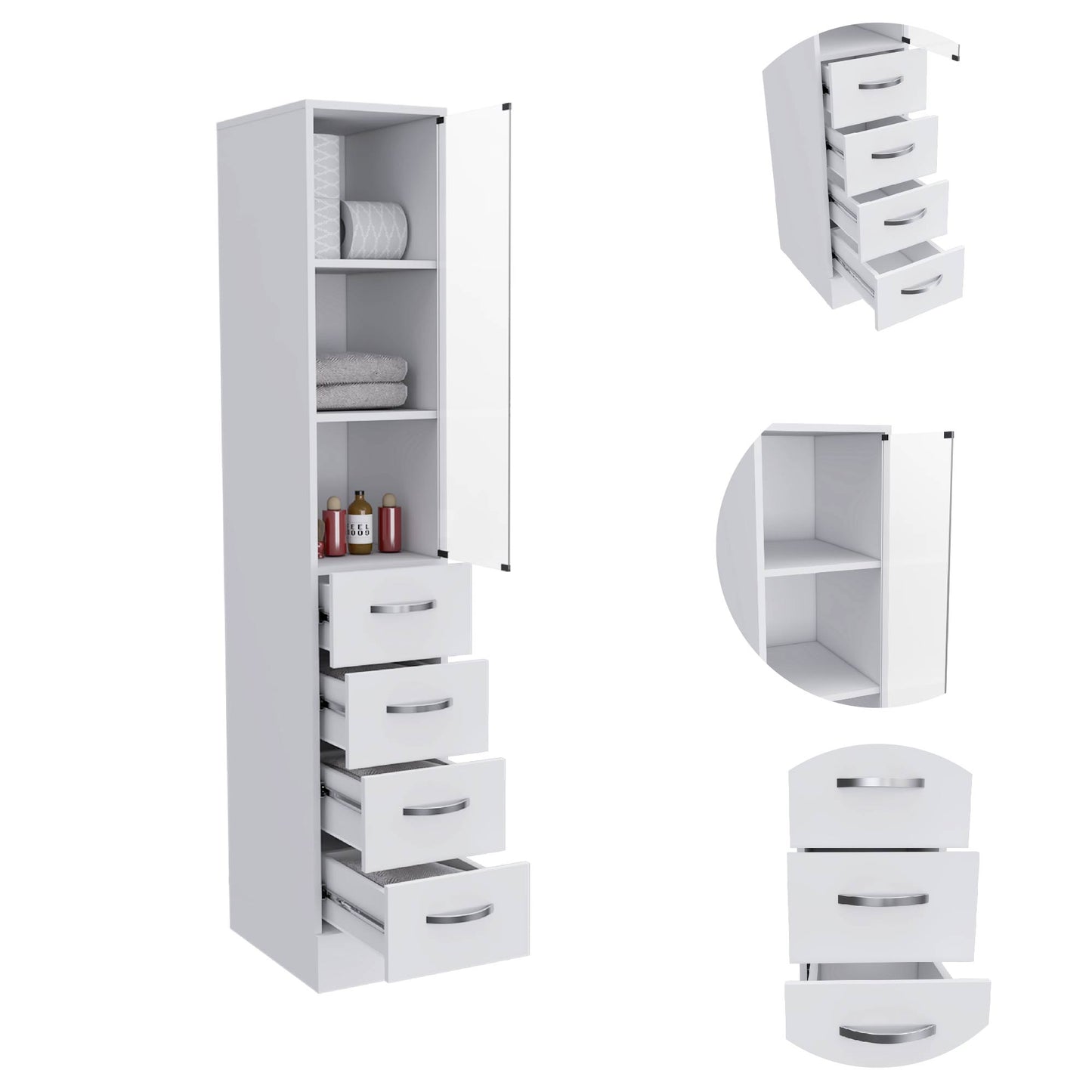 Vanguard Linen Cabinet - White, 3 Shelves, 4 Drawers - Office Storage