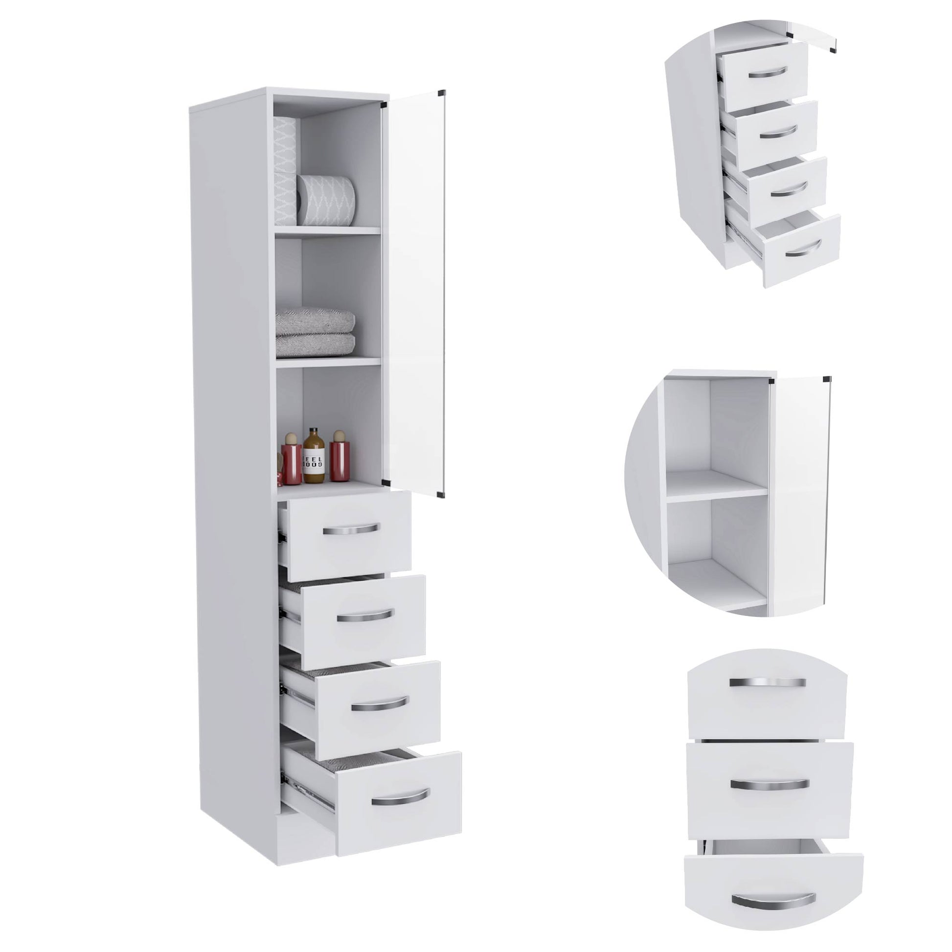 Vanguard Linen Cabinet - White, 3 Shelves, 4 Drawers - Office Storage