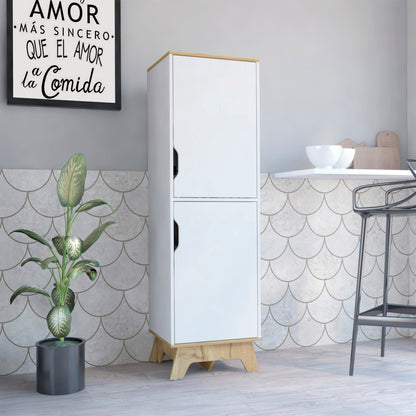 Pamplona Microwave Tall Cabinet Counter Surface, Top And Lower Double Doors Cabinets -Light Oak / White