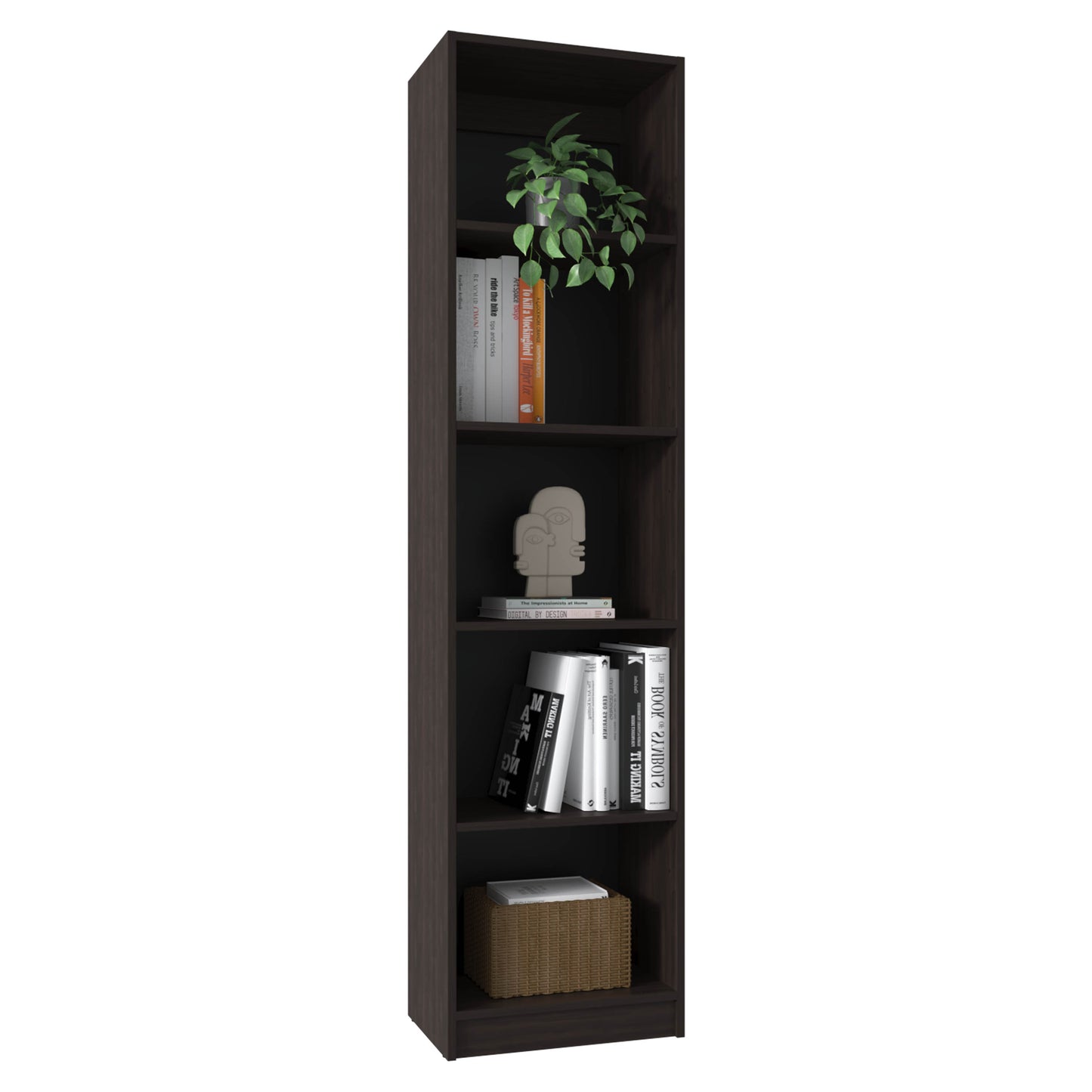 Home Slim 5 Shelves Narrow Bookcase - Walnut Finish for Living Room